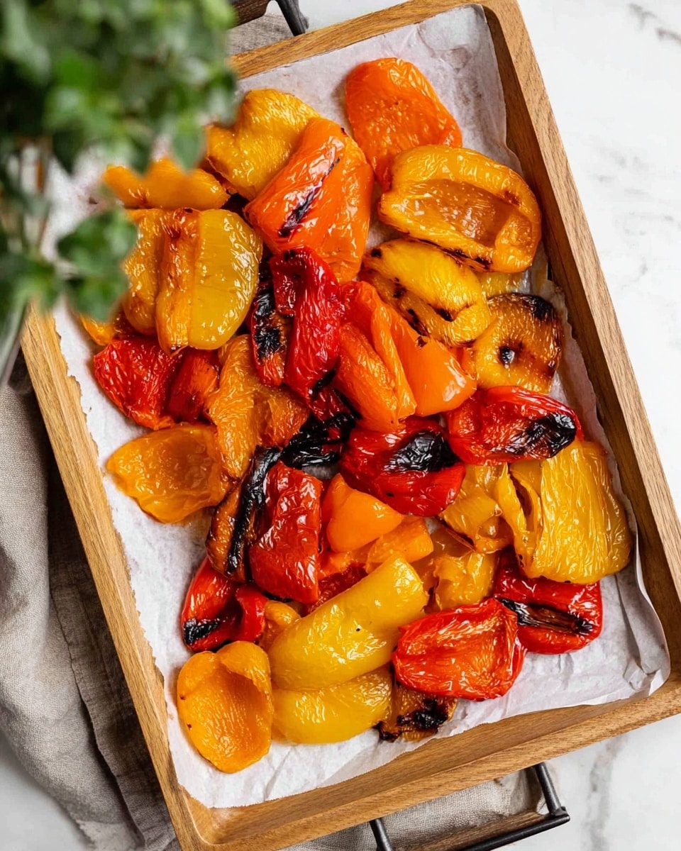 A white plate holds a mix of roasted bell pepper pieces in orange, yellow, and red colors, some with charred black edges showing a slightly wrinkled texture. The peppers are arranged in no specific order, layered casually on top of each other, revealing their soft, roasted flesh. A silver fork rests on the plate's right side, laying partly over the peppers. The setup is on a white marbled surface, and a small green plant is visible in the top left corner. photo taken with an iphone --ar 4:5 --v 7