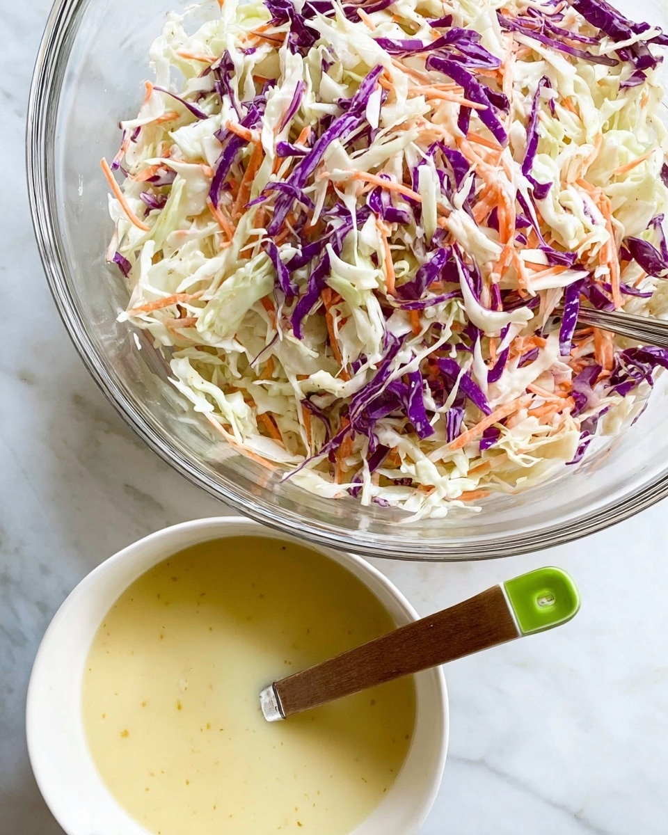 A clear glass bowl filled with shredded cabbage salad that has three layers of colors: white cabbage, thin purple cabbage slices, and some thin orange carrot strips all mixed together, with a metal serving spoon inside. Below it, there is a white bowl with a pale yellow creamy dressing inside, covered smoothly except for a green-tipped wooden spoon resting in it. Both bowls are placed on a white marbled surface. photo taken with an iphone --ar 4:5 --v 7