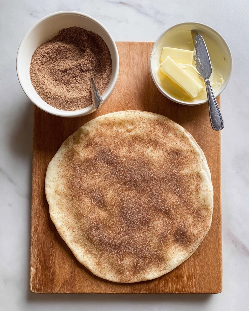 The image shows a round, flat bread on a wooden board, covered with a layer of fine brown cinnamon sugar. To the top left of the bread, there is a white bowl filled with the cinnamon sugar, with a small metal spoon resting inside. To the top right, a small white bowl holds soft, pale yellow butter, with a silver butter knife resting on the edge. The whole setup is placed on a white marbled surface. Photo taken with an iphone --ar 4:5 --v 7