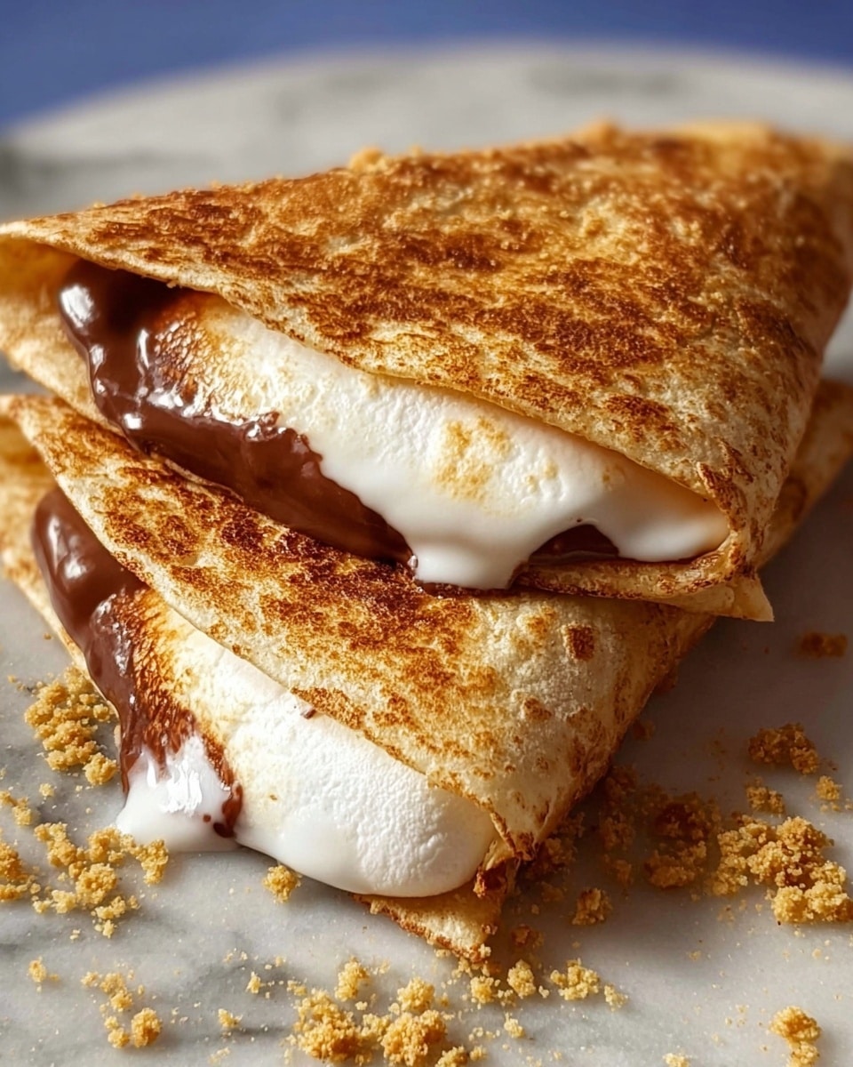 Two folded golden-brown crepes are placed overlapping on a white plate with a deep blue rim, sitting on a white marbled surface. Each crepe is filled with a thick, creamy white layer of marshmallow fluff that is slightly melting and spilling out from the edges, along with a smooth, shiny chocolate spread layer underneath. Crushed golden graham crackers are sprinkled over the top of the crepes and the plate, adding a crumbly texture. The crepes have a light dusting of cinnamon powder, giving them a warm, spiced look. photo taken with an iphone --ar 4:5 --v 7