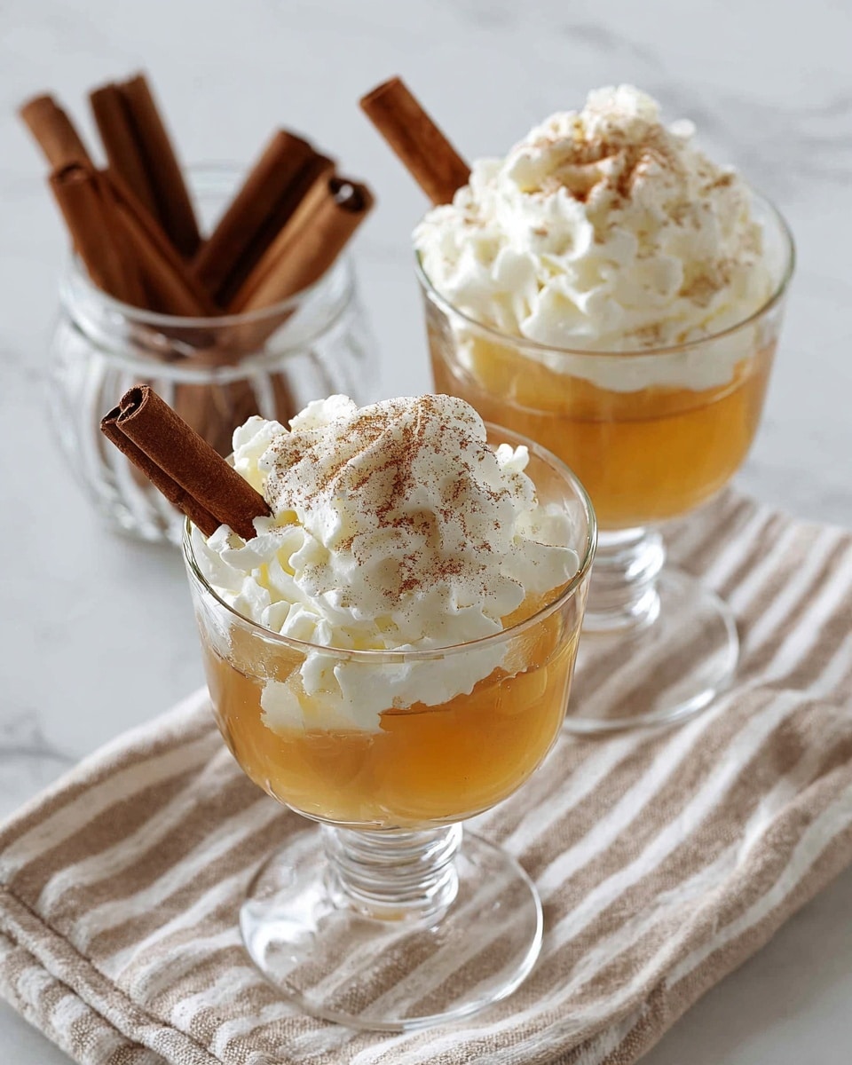 Two clear, patterned glasses each hold a three-layer drink starting with a bottom layer of light amber liquid. Above this is a thick, white whipped cream layer that rises high, sitting close to the rim of each glass. Each glass is topped with a large brown cinnamon stick placed angled inside the whipped cream, which is lightly dusted with cinnamon powder. The glasses sit on a beige linen cloth with a soft white marbled tabletop beneath. In the background, a clear bowl with additional cinnamon sticks is partially visible. Photo taken with an iphone --ar 4:5 --v 7