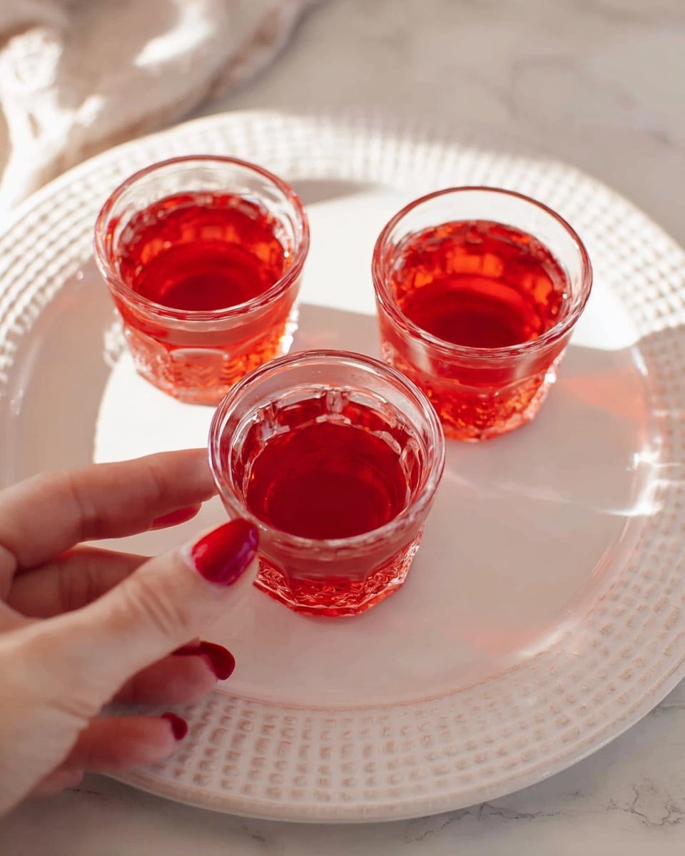 Three small clear glasses filled with a bright red liquid sit on a large white plate with a textured rim. The glasses have a decorative pattern that catches the light, showing the shiny and translucent red liquid inside. A woman's hand with red nail polish is gently holding the bottom glass in the foreground. The plate rests on a white marbled surface with soft natural lighting highlighting the scene. photo taken with an iphone --ar 4:5 --v 7