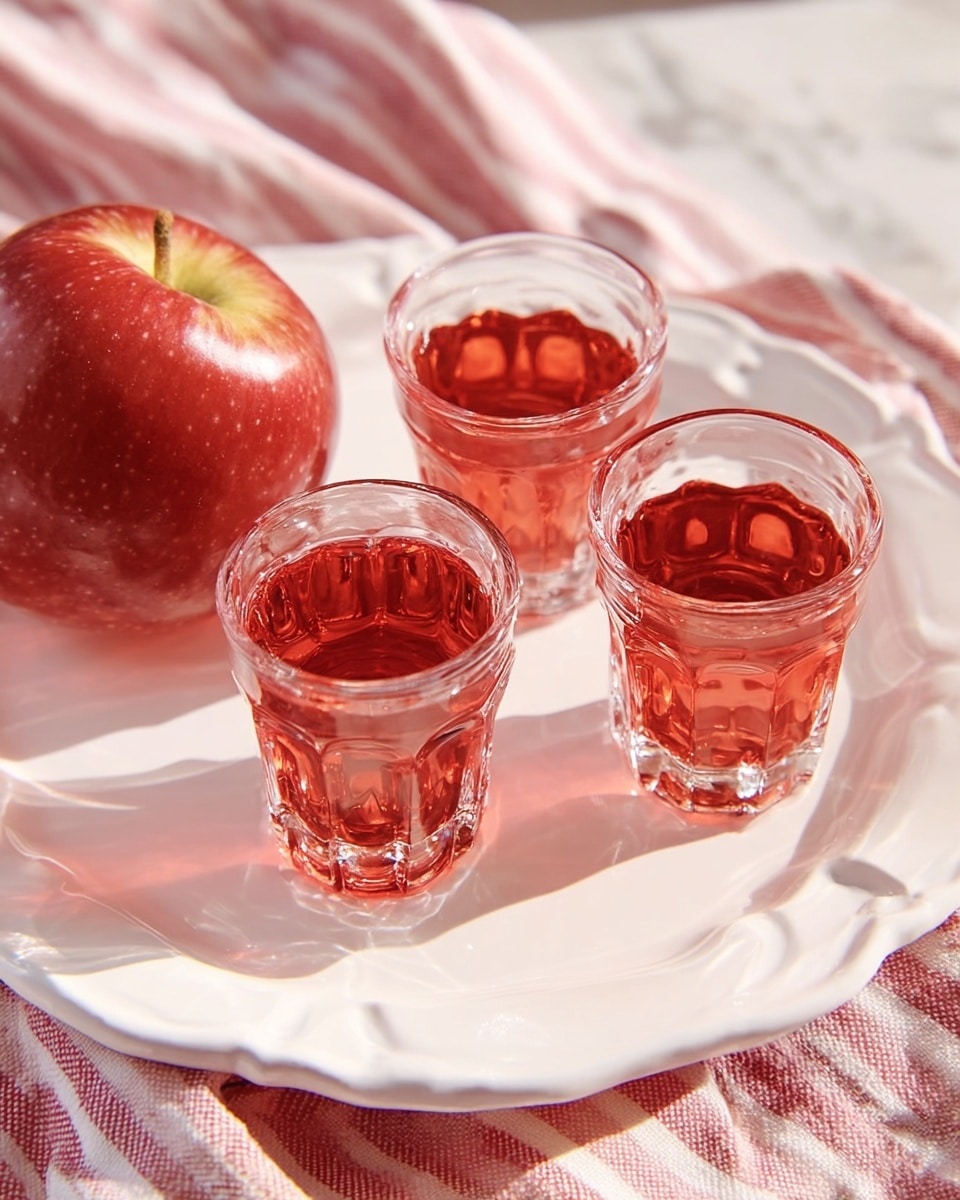 Three small clear textured glass cups filled with red liquid sit close together on a large white plate with a scalloped edge. To the left of the cups, a shiny red apple rests on the plate. The plate is placed on a pink and white striped cloth that lies on a white marbled surface. Photo taken with an iphone --ar 4:5 --v 7