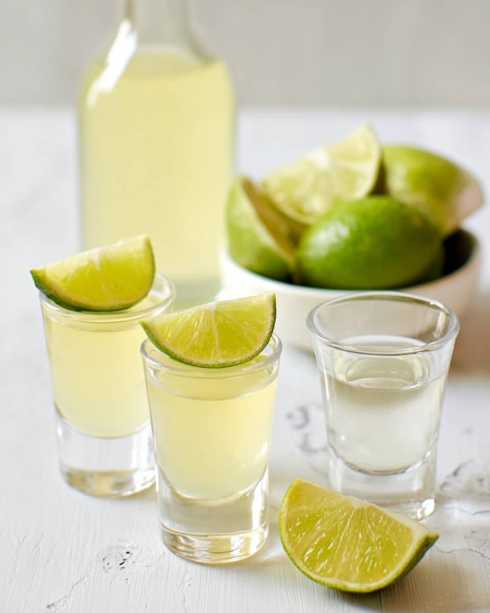 Three clear glass shot glasses filled with a pale yellow liquid are arranged on a white marbled surface with a light-colored cloth underneath. To the right of the glasses, there is a small white bowl holding four lime wedges, their bright green and light green colors contrasting with the smooth white bowl. The shot glasses have slight condensation, giving a fresh and cool appearance. The composition is simple and clean, with soft natural lighting that highlights the textures and colors. Photo taken with an iphone --ar 4:5 --v 7