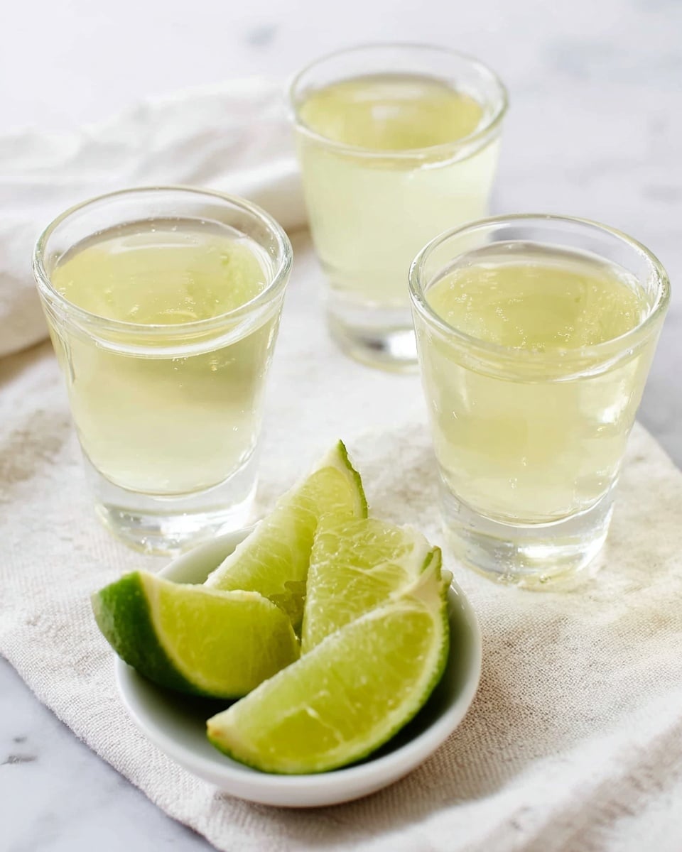 The image shows three clear shot glasses filled with a pale yellow liquid, each topped with a bright green lime wedge on the rim. Behind the glasses, there is a clear bottle partly filled with the same yellow liquid. To the right, there is an empty clear shot glass and a white bowl filled with several lime wedges. The surface is a white marbled texture that adds a clean and bright feel to the setting. The focus is sharp on the glasses and lime wedges, with a soft background blur. Photo taken with an iphone --ar 4:5 --v 7