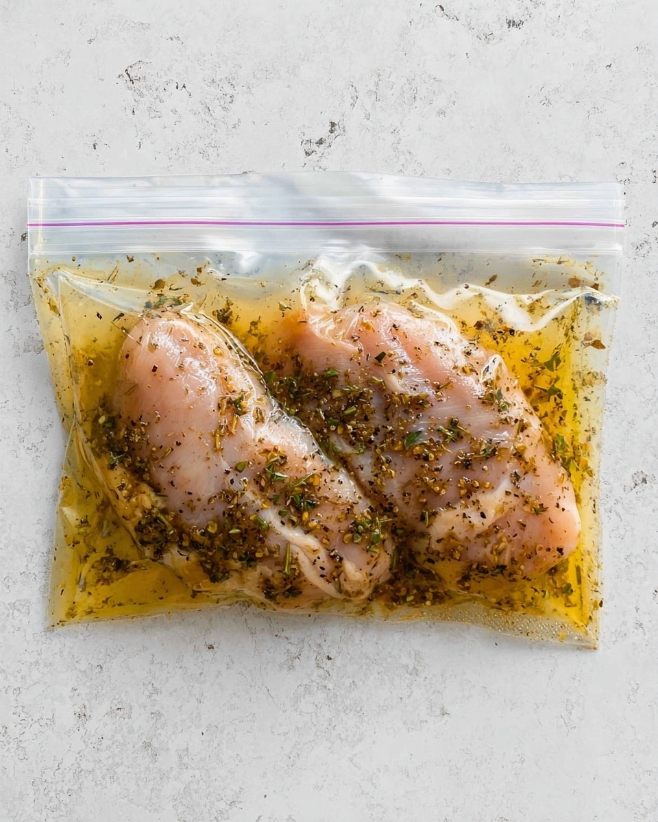 Two raw chicken pieces are inside a clear plastic zip-lock bag filled with a yellowish marinade mixed with small green and black herbs. The chicken is pale pink and covered with the seasoning, floating slightly in the marinade. The bag lies flat on a white marbled textured surface, and the marinade looks oily and wet, with droplets visible on the inside of the plastic. photo taken with an iphone --ar 4:5 --v 7