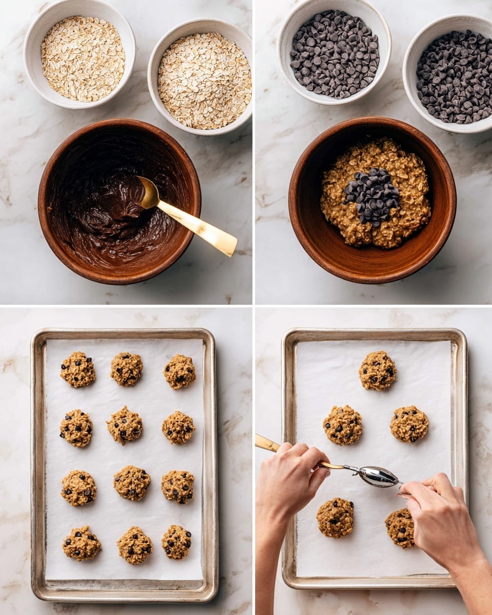 A close-up view of a round, textured oatmeal cookie with a few large dark chocolate chips on its surface, held gently by a woman's hand with neatly trimmed nails featuring light pink nail polish, with several similar cookies layered slightly out of focus in the background on a white marbled surface; in the lower corner, a small white bowl filled with dark chocolate chips adds contrast to the warm, golden-brown tones of the cookies, showcasing a rough, crunchy texture overall. photo taken with an iphone --ar 4:5 --v 7
