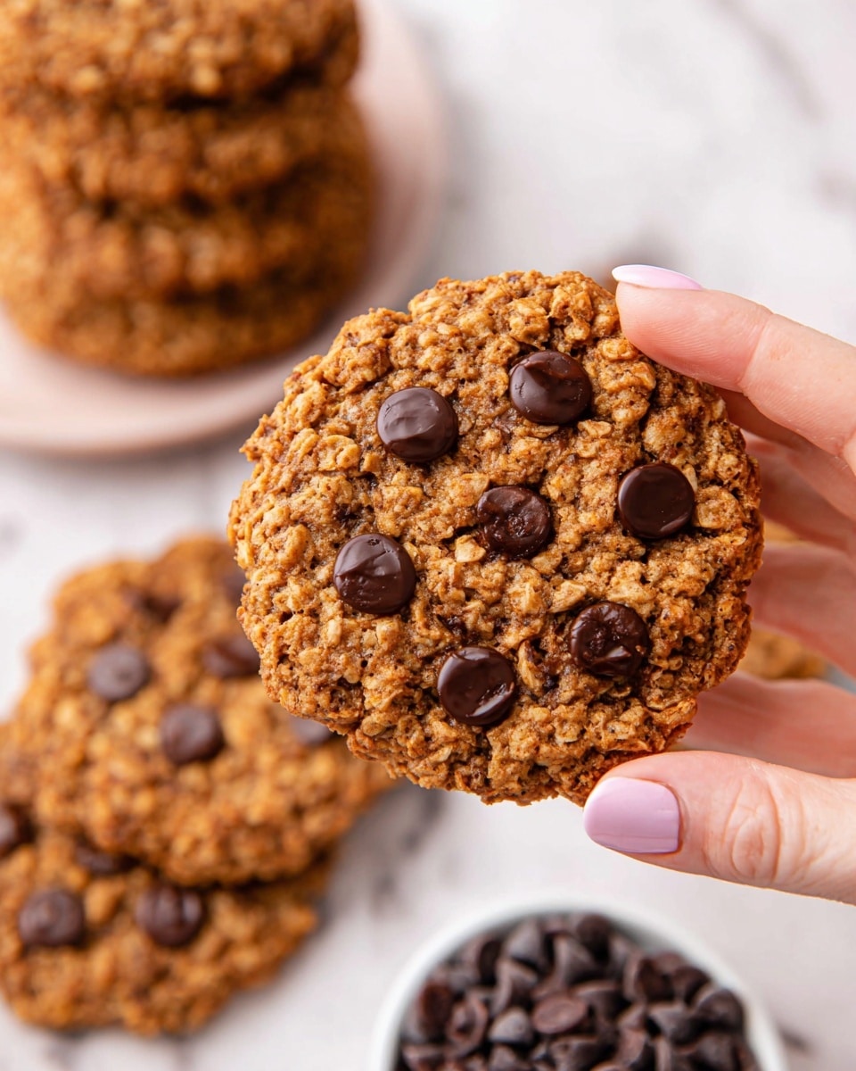 A group of oat chocolate chip cookies rests on white parchment paper over a silver cooling rack, with some cookies overlapping each other. Each cookie is round, light brown with a textured surface full of visible oats, and dark brown chocolate chips scattered on top. A few loose chocolate chips are placed around the cookies on a white marbled surface. A white bowl containing milk with a light pink rim appears in the top right corner, and a small curved white dish holding more chocolate chips is partially visible in the bottom left corner. photo taken with an iphone --ar 4:5 --v 7
