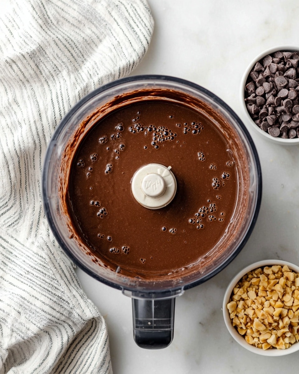 A clear food processor bowl filled with smooth, thick dark brown chocolate batter, showing small bubbles on the surface, is centered in the image. To the top right, two small white bowls hold light brown chopped nuts and dark chocolate chips, placed on a white marbled surface. A white cloth with thin black stripes is loosely crumpled on the left side. The scene is brightly lit from above, highlighting textures and colors. Photo taken with an iphone --ar 4:5 --v 7