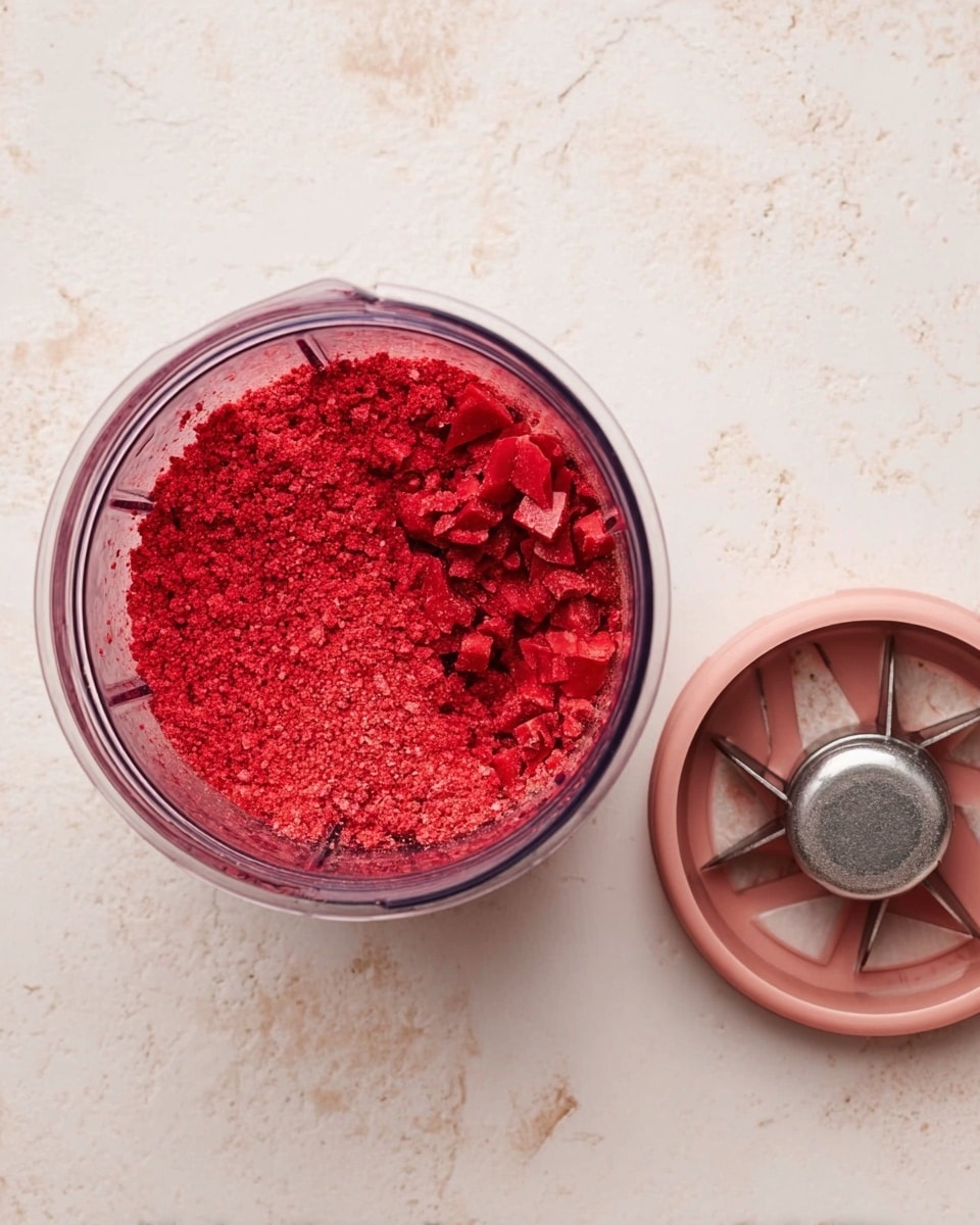 The image shows a top view of a clear blender container filled with a bright red, chunky powdery mixture, with some larger red pieces mixed in. Next to it, the blender lid with sharp blades sits on a white marbled surface. The colors are mainly red from the mixture and neutral from the blender parts and the white marbled background photo taken with an iphone --ar 4:5 --v 7