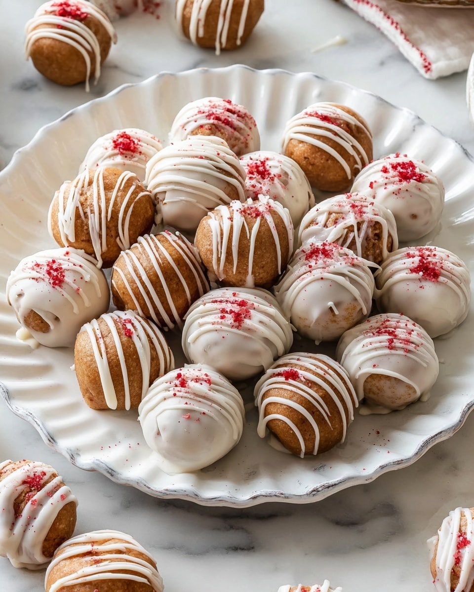 A white plate with a wavy edge holds about 20 round, ball-shaped treats in two layers. The first layer consists of light brown balls with a smooth texture, each decorated with thin white icing lines drizzled on top and a small sprinkle of crushed red powder. The second layer includes white-coated balls with a shiny glaze, also drizzled with thin white icing lines and sprinkled with the same crushed red powder. The plate sits on a white marbled surface, with parts of similar treats shown near the edges of the frame. Photo taken with an iphone --ar 4:5 --v 7