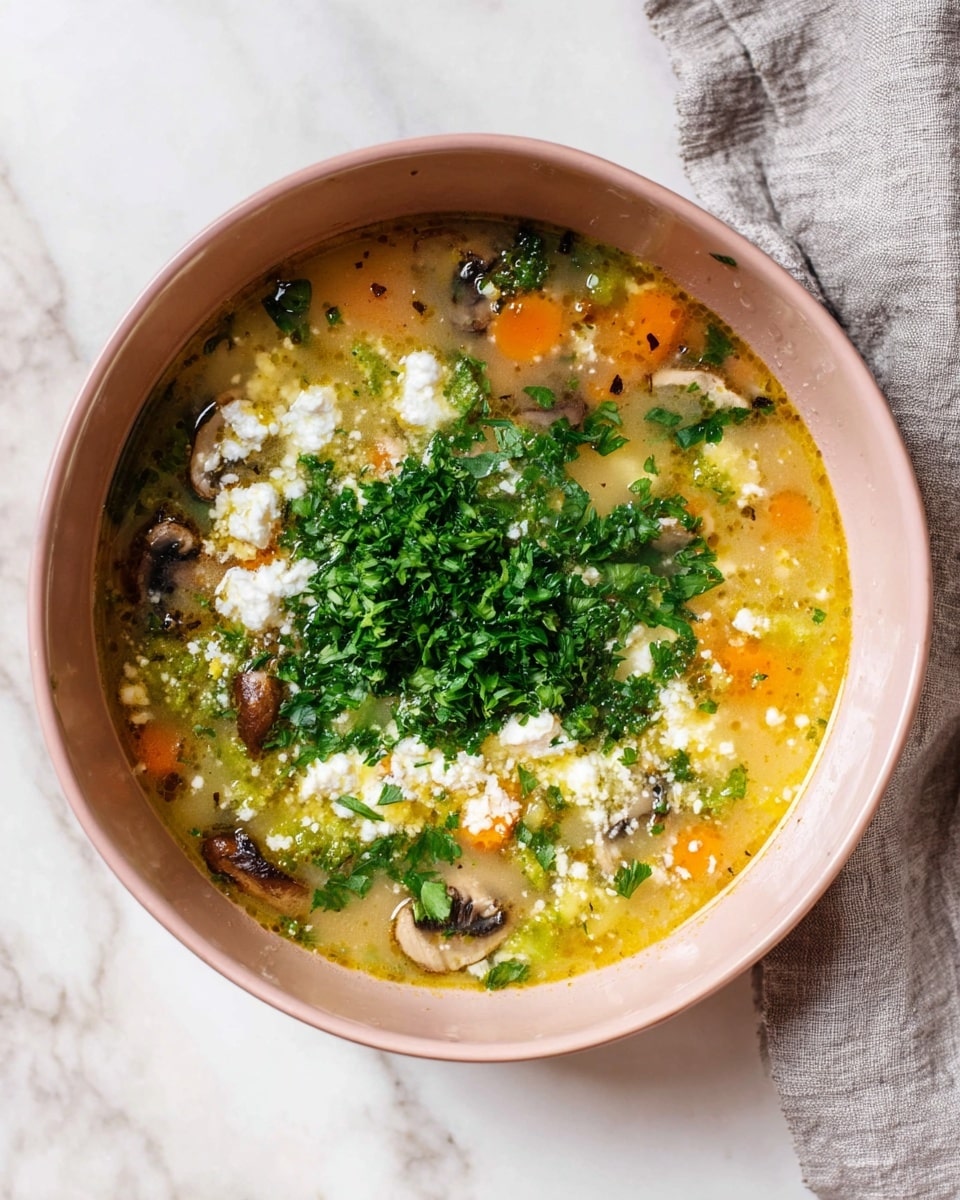 A light pink bowl filled with a soup that has a clear yellow broth as the base layer. Within the broth, small pieces of orange carrot, green broccoli, and brown mushroom slices float evenly. White crumbled cheese is scattered in one area, partially melting into the broth. The soup is topped with a generous layer of finely chopped fresh green parsley spread across the center. The bowl sits on a white marbled surface next to a folded gray cloth. Photo taken with an iphone --ar 4:5 --v 7
