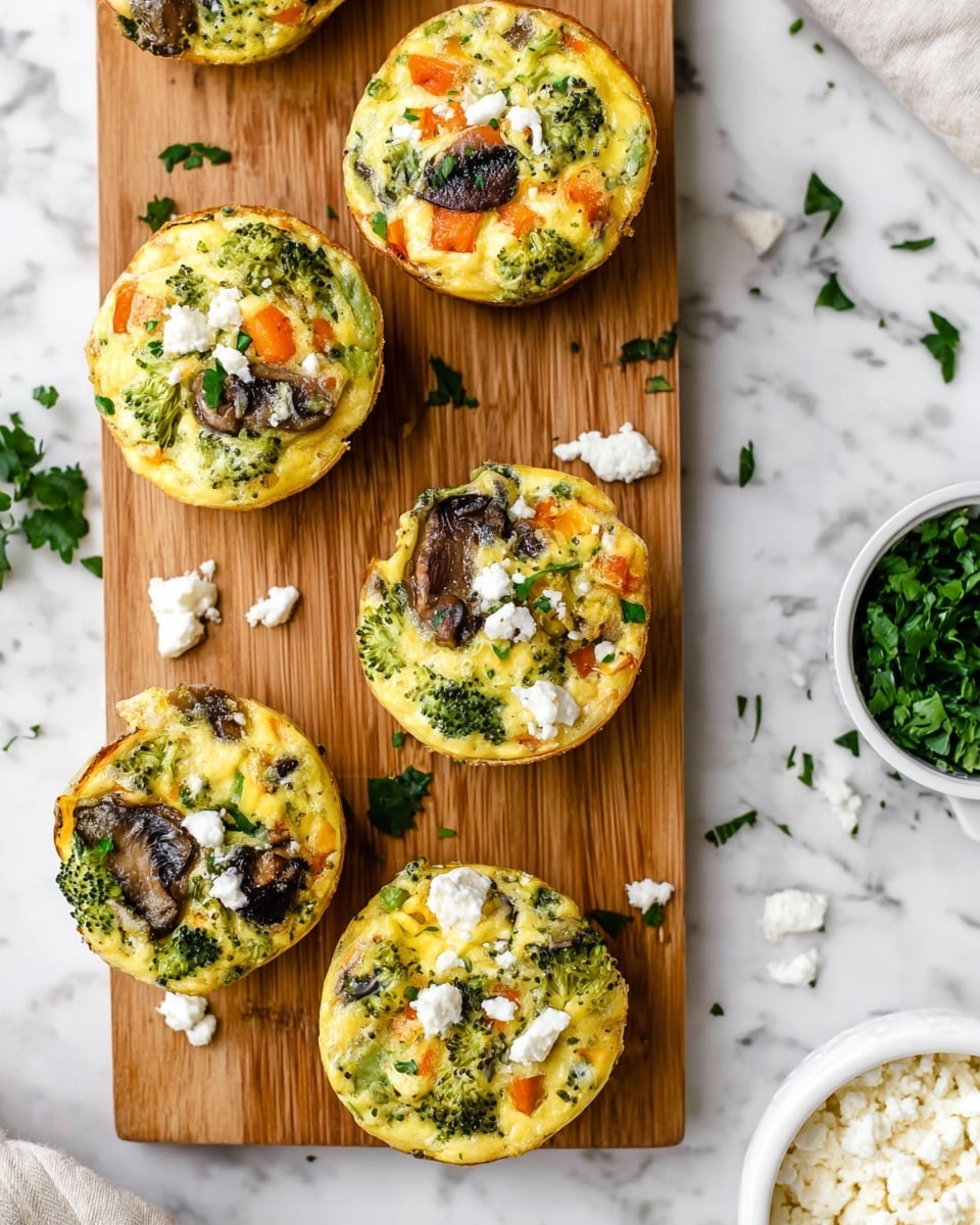 The image shows several small, round egg muffins placed on a wooden cutting board. Each muffin has a mix of colors and textures from visible pieces of green broccoli, orange bell peppers, dark brown mushrooms, and scattered white cheese crumbles. The muffins have a soft, slightly fluffy yellow egg base mixed with chopped green herbs. The cutting board is on a white marbled surface with scattered chopped herbs around. On the right side, there is a white bowl with green leafy herbs and another white bowl with crumbled white cheese. photo taken with an iphone --ar 4:5 --v 7