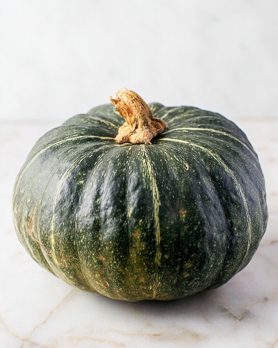 A whole dark green pumpkin with a rough, slightly bumpy texture and light vertical stripes stands alone on a white marbled surface. Its stem is short, light brown, and dry with a rough texture. The pumpkin has a round, flattened shape, and the lighting softly highlights its natural ridges and color variations. photo taken with an iphone --ar 4:5 --v 7