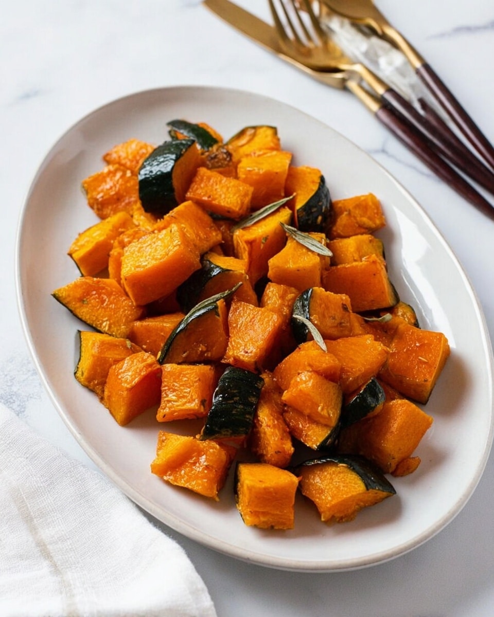 A white oval plate filled with many pieces of cooked orange pumpkin with dark green skins still on. The pumpkin pieces are cut into small chunks of different sizes and scattered across the plate, showing a soft texture. The plate sits on a white marbled surface, and in the background, there are three gold forks with dark brown handles lying together. A white cloth napkin is slightly visible in the bottom left corner. photo taken with an iphone --ar 4:5 --v 7