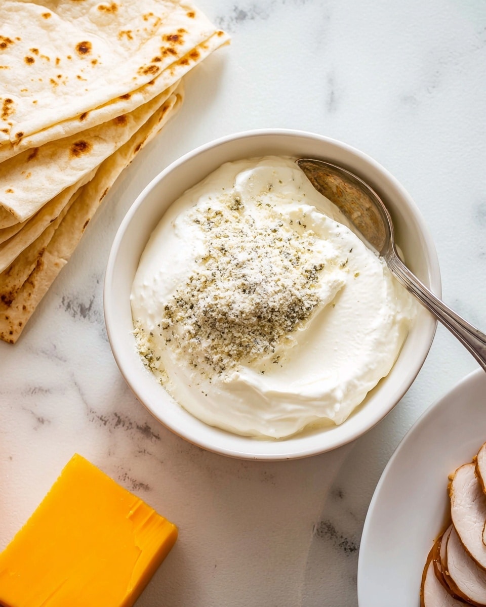 A white bowl on a white marbled surface holds a thick layer of creamy white sour cream topped with a mound of pale, crumbly, light gray seasoning powder mixed with green specks, with a metal spoon sticking out from the bowl. To the left of the bowl are flat, light beige tortillas stacked in layers showing lightly brown toasted spots. On the right edge of the image, there is a partial view of a white plate with thin, light brown slices of turkey meat overlapping each other next to a bright orange square piece of cheddar cheese. photo taken with an iphone --ar 4:5 --v 7