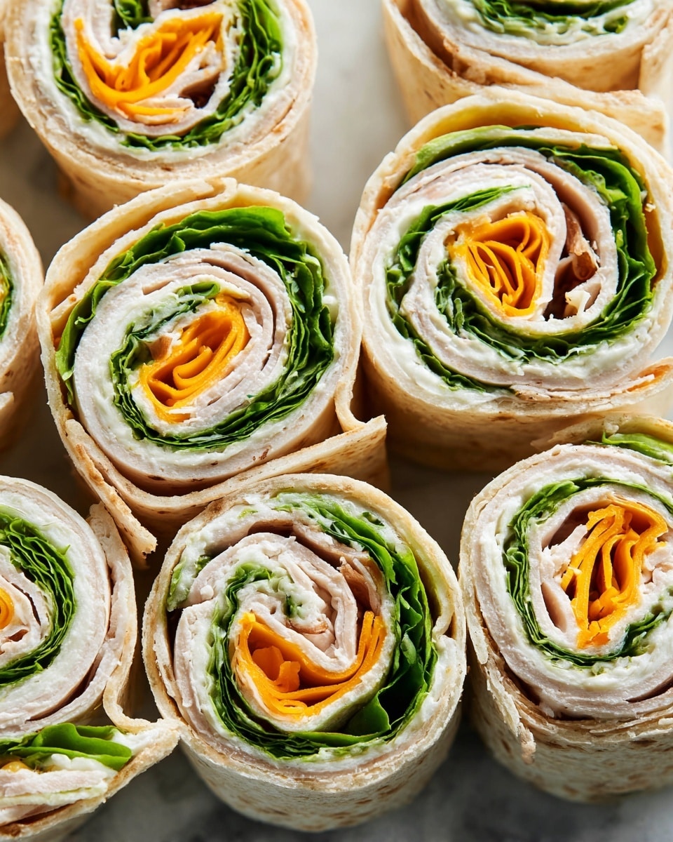 The image shows a stack of seven rolled wraps placed in a white bowl on a white marbled surface. Each wrap has four visible layers starting with a soft, light beige flatbread outer layer, then a layer of light creamy spread, fresh bright green lettuce leaves, and a slice of orange cheddar cheese rolled tightly inside. The wraps are arranged in a circular way, piled on top of each other, showing the spiral pattern of the layers inside. The overall look is fresh and colorful, with smooth textures from the flatbread and cream, crunchy leafy texture from the lettuce, and firm smooth slice of cheese. Photo taken with an iphone --ar 4:5 --v 7