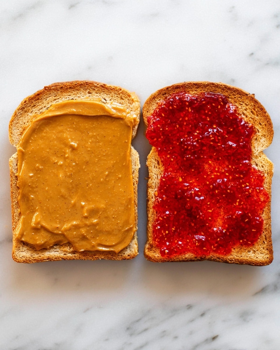 Two slices of toasted brown bread lie flat on a white marbled surface. The slice on the left is evenly covered with a smooth, shiny light brown peanut butter spread, showing some texture from the toast beneath. The slice on the right is topped with a bright red, chunky strawberry jelly that has some glistening spots, indicating its sticky texture. Both slices have slightly rough toasted edges and a warm, golden-brown tone. photo taken with an iphone --ar 4:5 --v 7
