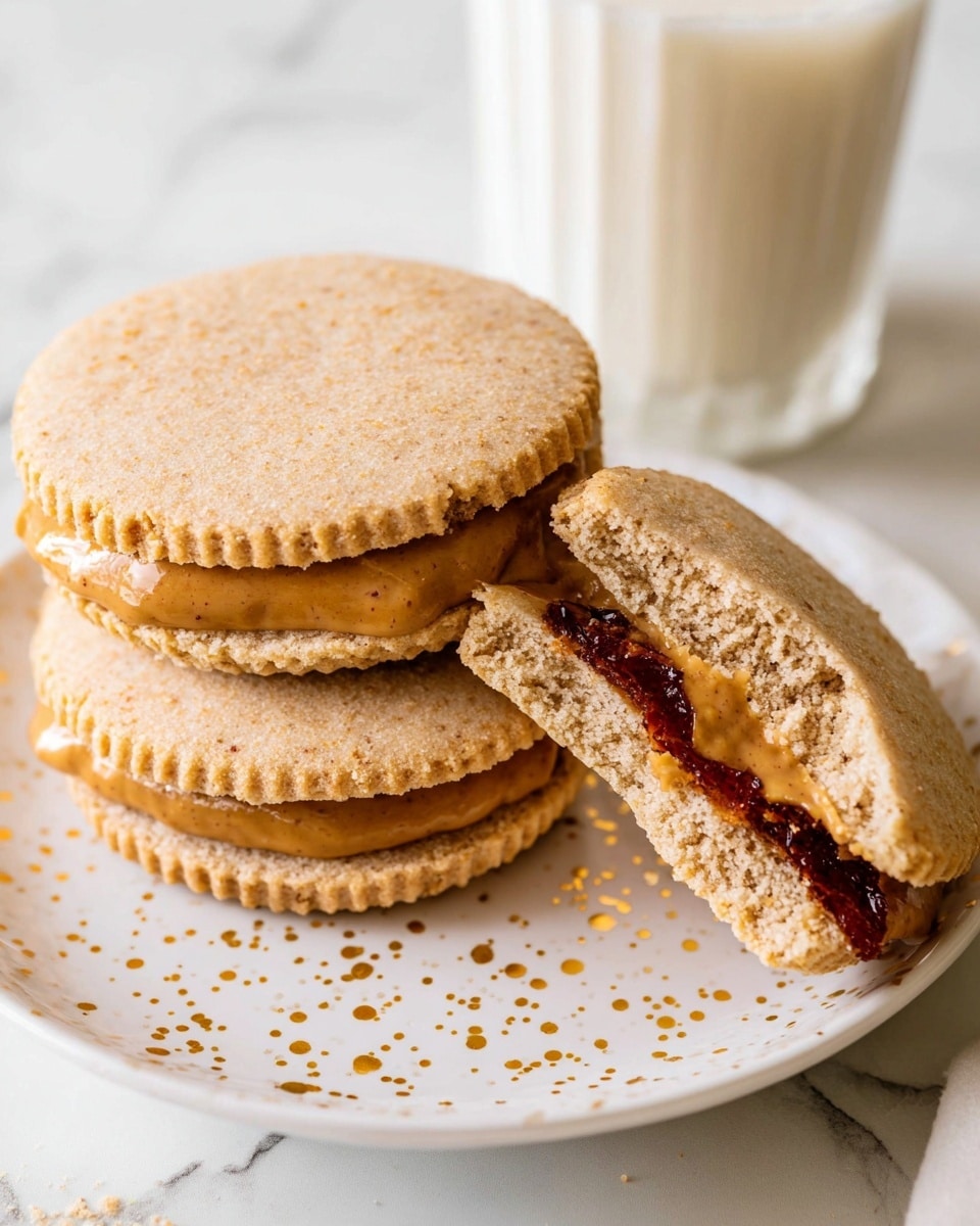 A stack of four round sandwiches made with light brown whole wheat bread with textured edges sits on a white marbled surface. The top sandwich is open, showing three layers inside: the bottom bread layer, a middle golden-brown layer of peanut butter, and a shiny bright red layer of jelly on top. To the left, there is a small glass jar filled with red jelly, and in the background, a clear glass bottle with light beige milk and a pink-striped straw inside is partially visible. The scene is well-lit with soft natural lighting, creating a cozy and fresh look. photo taken with an iphone --ar 4:5 --v 7