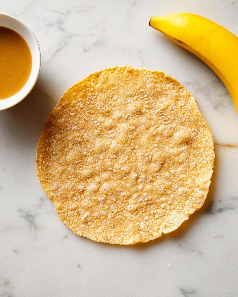 A single round papadum with a rough, grainy texture and light golden color lies flat on a white marbled surface. To the bottom left, there is a small white bowl filled with a brownish-orange sauce that looks smooth. On the top right corner, part of a bright yellow banana is visible, resting on the white marbled surface. The scene is well lit, showing the details of the papadum’s uneven, bumpy surface. photo taken with an iphone --ar 4:5 --v 7