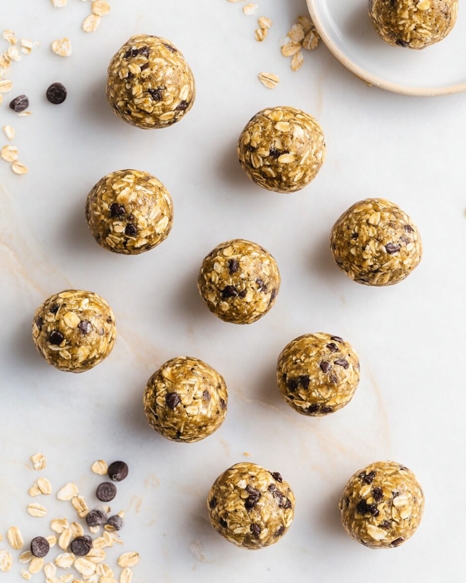 Eleven round energy balls are spread out on a white marbled surface. Each ball has a light brown color with visible oats and dark chocolate chips mixed throughout, giving a textured look with small bumps from the oats scattered on the surface. Around the balls, a few loose oats and chocolate chips lay randomly on the white marbled surface. In the upper right corner, a small edge of a white plate with one more energy ball on it is visible. The overall scene shows a clean and bright setting with soft natural light, making the details on the balls clear and inviting photo taken with an iphone --ar 4:5 --v 7