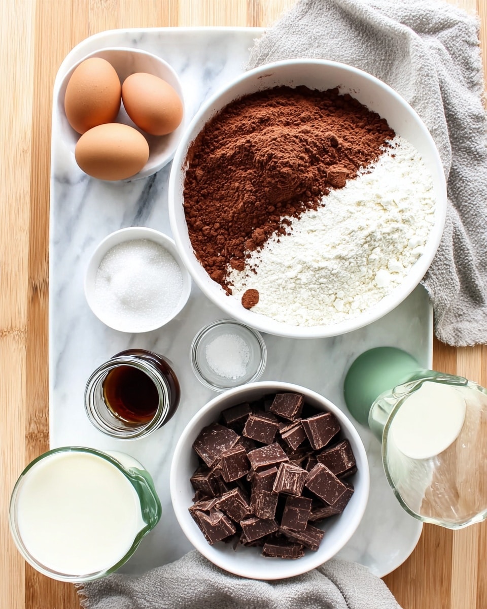 The image shows a top view of a white bowl filled with two layers of dry ingredients, with the left half covered in dark brown cocoa powder and the right half filled with white flour, placed on a white marbled surface. Below it, there is another white bowl filled with medium-sized chocolate chunks, and a small jar of dark brown liquid in the center of the chunks. To the left, a white tray holds two brown eggs, a small bowl of white powder, a small glass with clear liquid, and a larger white bowl filled with granulated white sugar. A light gray cloth is under the tray, all arranged neatly on a wooden surface. On the right edge, a transparent glass measuring cup holds milk. The image is bright and clear, showing all textures distinctly, photo taken with an iphone --ar 4:5 --v 7