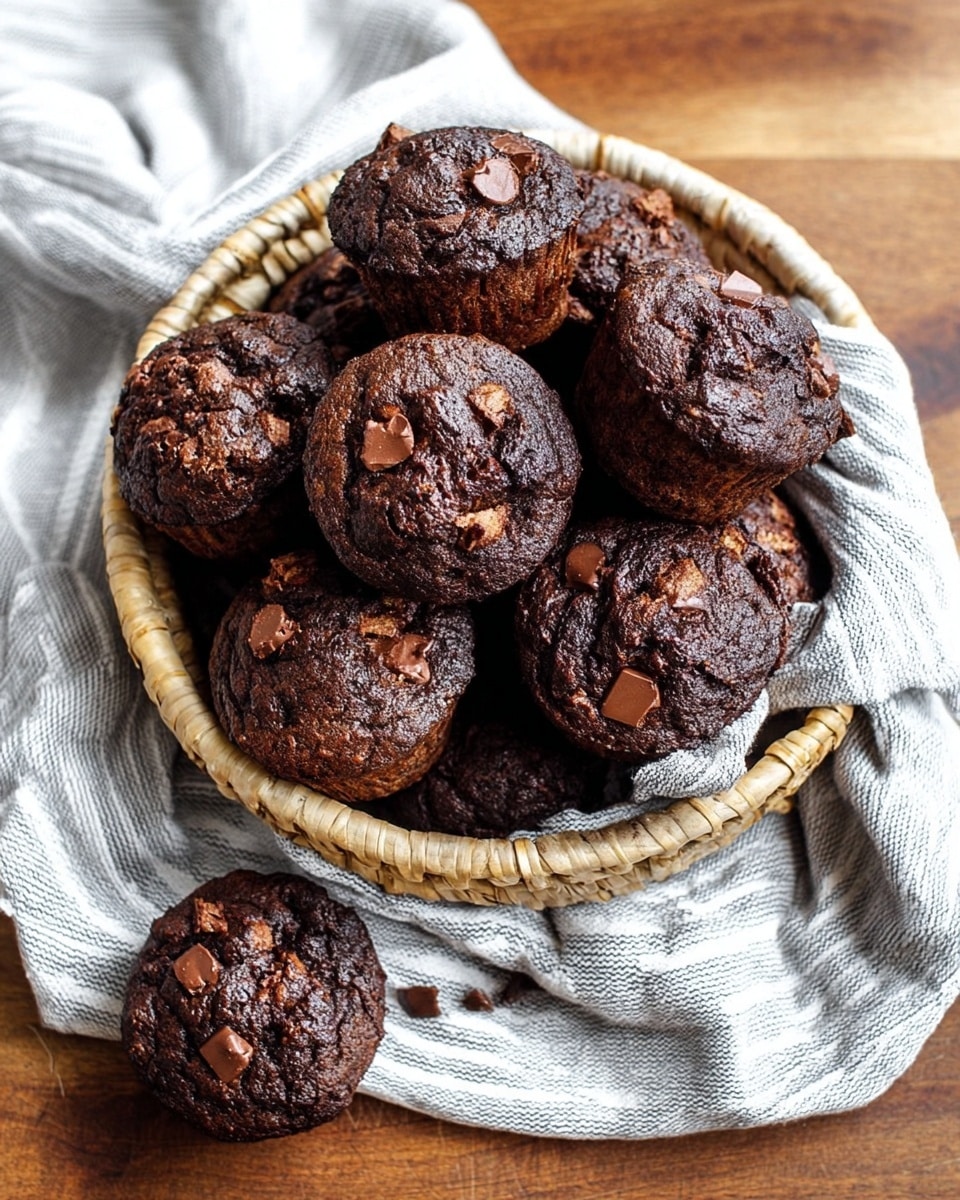 A round basket filled with many dark brown chocolate muffins with visible small chunks of lighter brown chocolate pieces baked into the tops and sides. Some muffins are placed outside the basket on a light gray cloth with white stripes, all sitting on a wooden surface. The muffins have a rough textured top with slight cracks and a dense look. Photo taken with an iphone --ar 4:5 --v 7