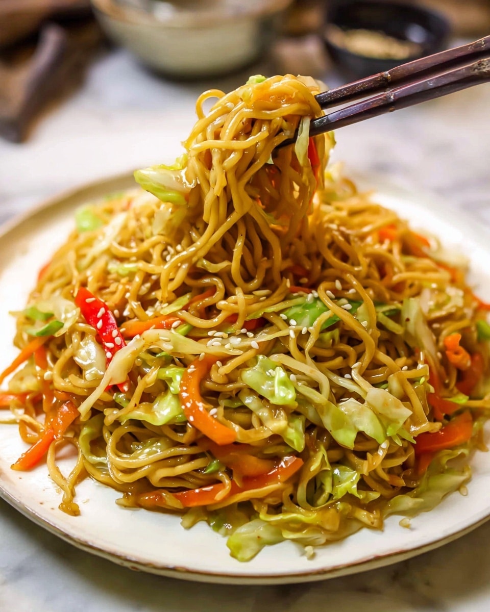 A white plate sits on a white marbled surface, holding a heap of stir-fried noodles mixed with shredded green cabbage, thin orange carrot strips, and thin red bell pepper slices. The noodles are light golden and soft, twisted in two main layers with the vegetables spread evenly throughout. Sesame seeds are sprinkled on top, adding small white accents. Above the plate, a pair of dark brown chopsticks lifts a small clump of noodles and vegetables, showing the texture and slight shine from the sauce. The background is softly blurred, focusing on the noodles and chopsticks. Photo taken with an iphone --ar 4:5 --v 7