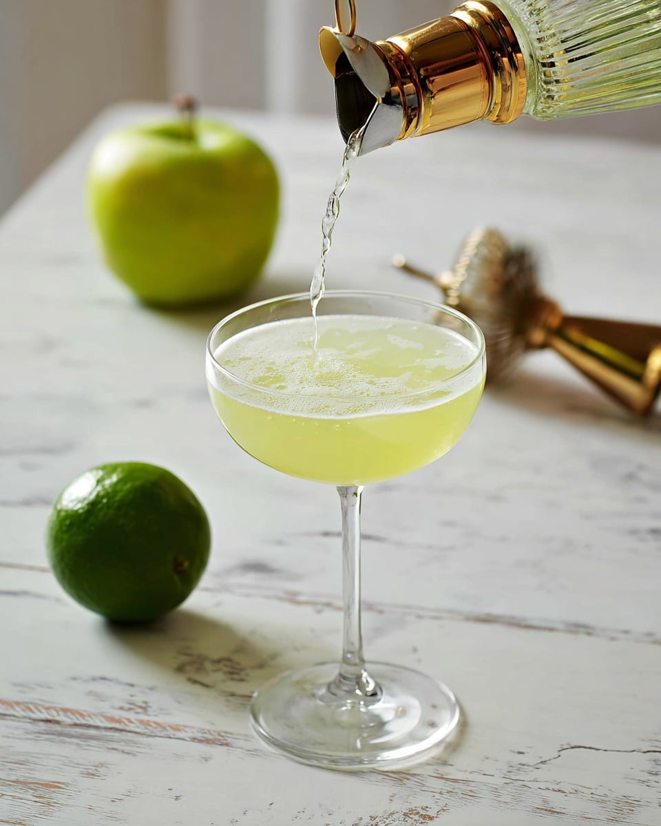 A clear glass coupe glass is shown filled with a pale yellow-green liquid being poured from a bottle with a silver and gold spout, creating a light layer of foam on the drink's surface. The glass stands on a white marbled textured surface featuring a whole green lime on the right near a brass jigger and a metallic apple-shaped object with a green round fruit behind it on the left. The scene is bright and soft, highlighting the fresh and crisp feeling of the cocktail. photo taken with an iphone --ar 4:5 --v 7