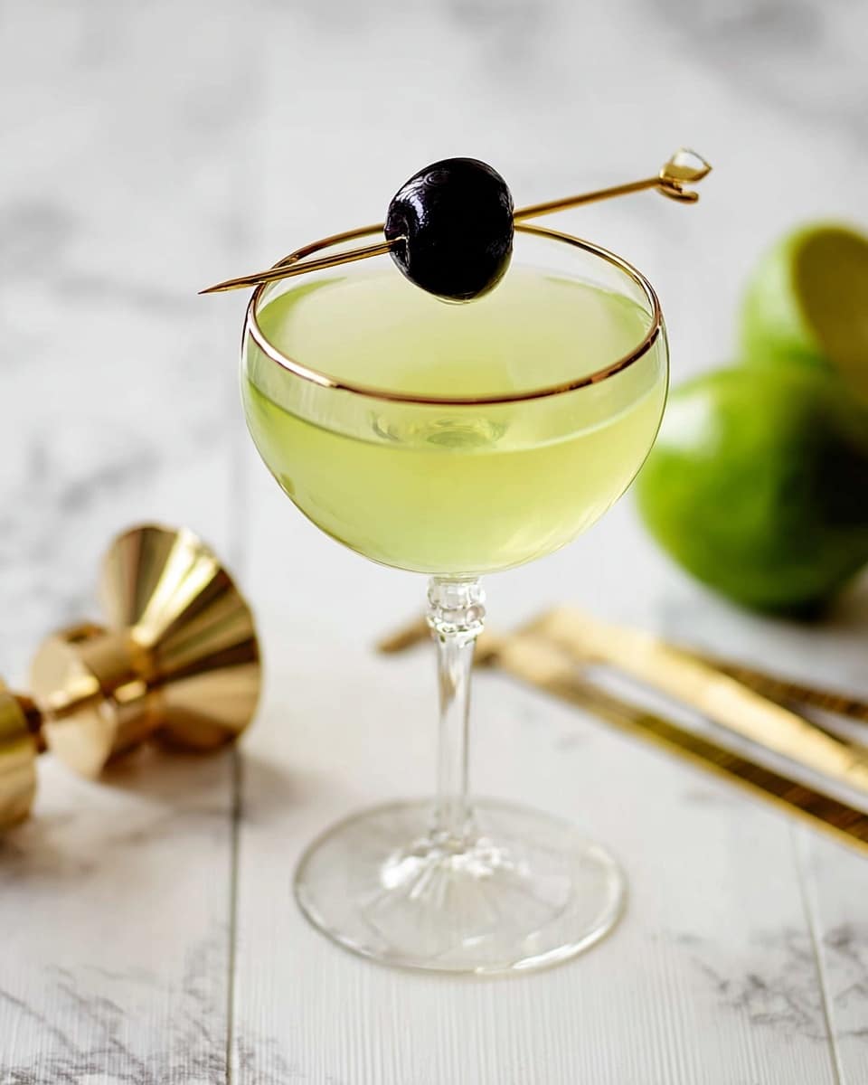 A clear stemmed glass filled with a light yellow-green drink shows one simple liquid layer. The drink is decorated with a single dark cherry pierced by a thin golden stick that rests on top of the glass. The glass sits on a white marbled surface with blurred golden measuring tools and a green lime in the background, giving a clean and fresh look. Photo taken with an iphone --ar 4:5 --v 7