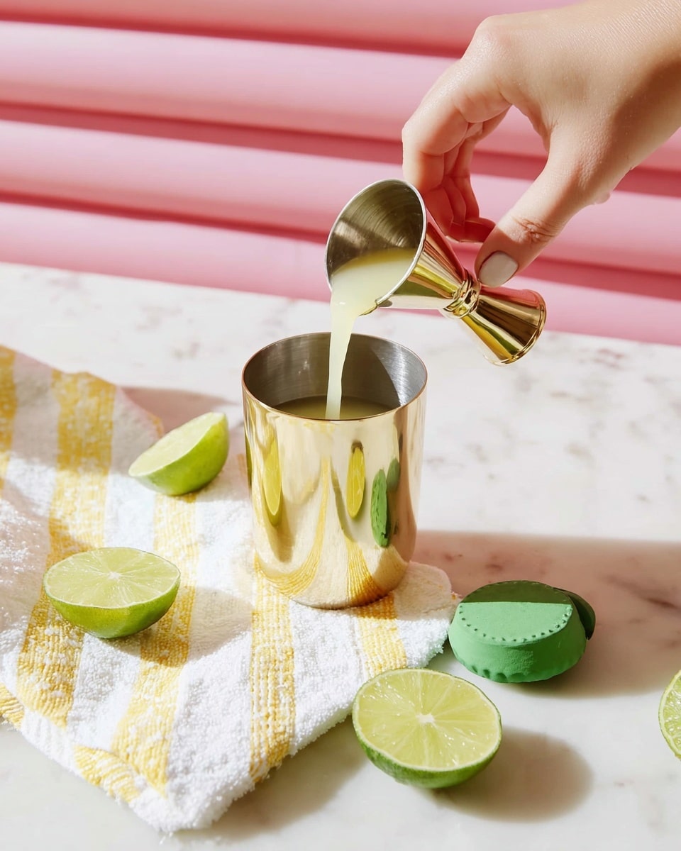 A woman’s hand is pouring light yellow juice from a small shiny gold jigger into a taller shiny gold cup placed on a white marbled surface. The cup sits on a folded white and yellow striped cloth, and next to it on the table are three lime halves with a bright green lime squeezer in the bottom right corner. The background shows a soft pink cushioned surface with horizontal sections. Photo taken with an iphone --ar 4:5 --v 7