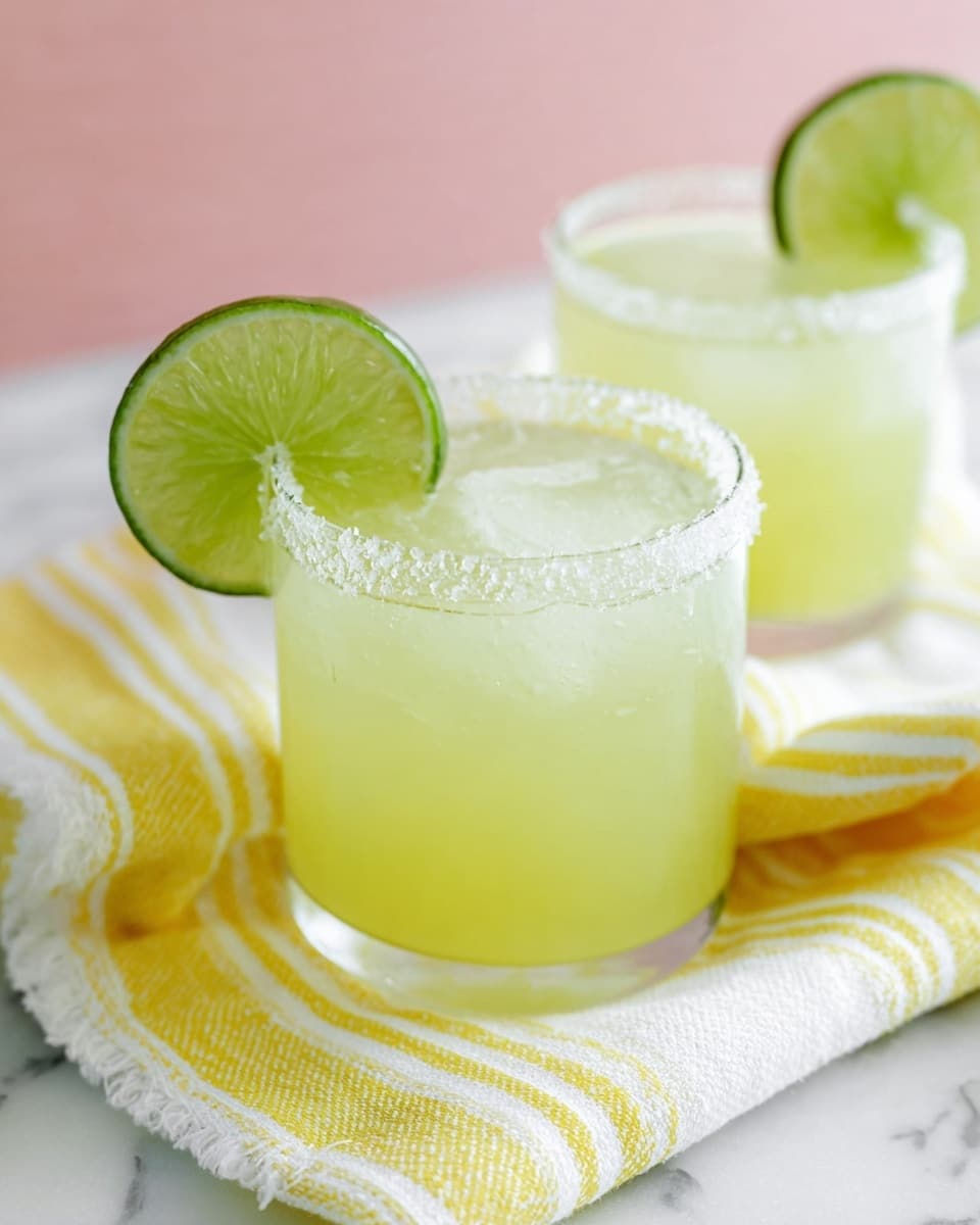 Two clear round glasses filled with light yellow-green liquid sit on a white marbled surface. Each glass has a thick ring of coarse salt around the rim. One glass is close up, showing a fresh green lime slice on the rim, its glossy texture and segments inside clearly visible. The second glass is behind and to the right, slightly out of focus, and also has a lime slice on the rim. Both glasses rest on a folded white cloth with bright yellow stripes. The background is soft pink with a subtle texture. Photo taken with an iphone --ar 4:5 --v 7