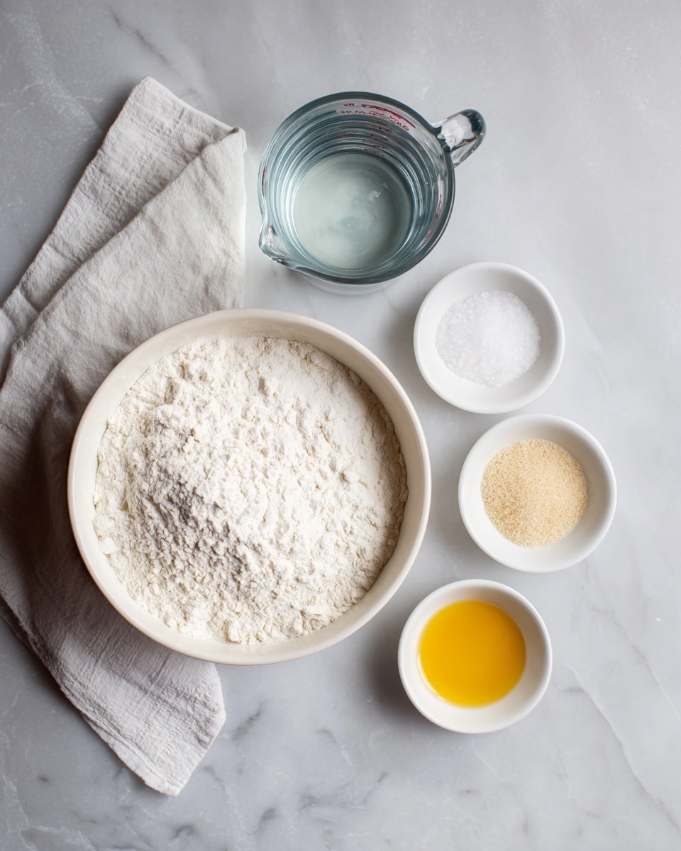 A clear glass measuring jug filled with water sits on a white marbled surface, next to a light white cloth on the left side. Below it, there is a large white bowl full of white flour with a soft, powdery texture covering the entire inside of the bowl. To the right of the flour bowl, there are three small white bowls in a loose vertical line, holding three different ingredients: coarse white salt at the top, a fine tan powder in the middle, and a golden yellow liquid at the bottom. The whole setup is viewed from above, showing the flat surface and neat arrangement. Photo taken with an iphone --ar 4:5 --v 7