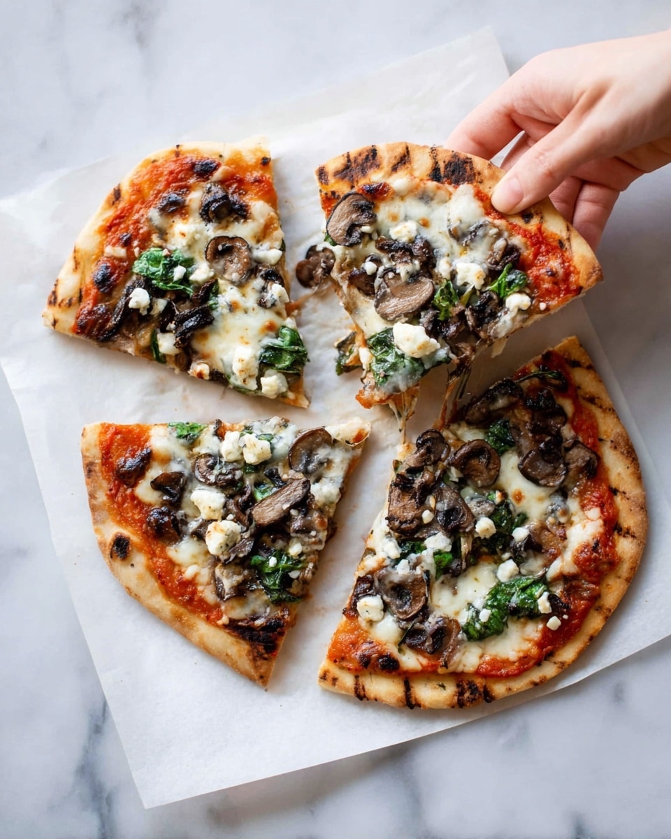 Four pizza slices lie on a white marbled surface lined with white parchment paper. Each slice has a golden brown crust with light grill marks. The first layer is red tomato sauce spread thinly over the crust. The next layer includes melted white cheese that covers the slice with some bubbles and light browning. On top, there are dark brown grilled mushrooms scattered evenly, bright green leafy spinach, and small bits of white cheese. A woman's hand is holding one slice from the top right corner, lifting it slightly. Photo taken with an iphone --ar 4:5 --v 7
