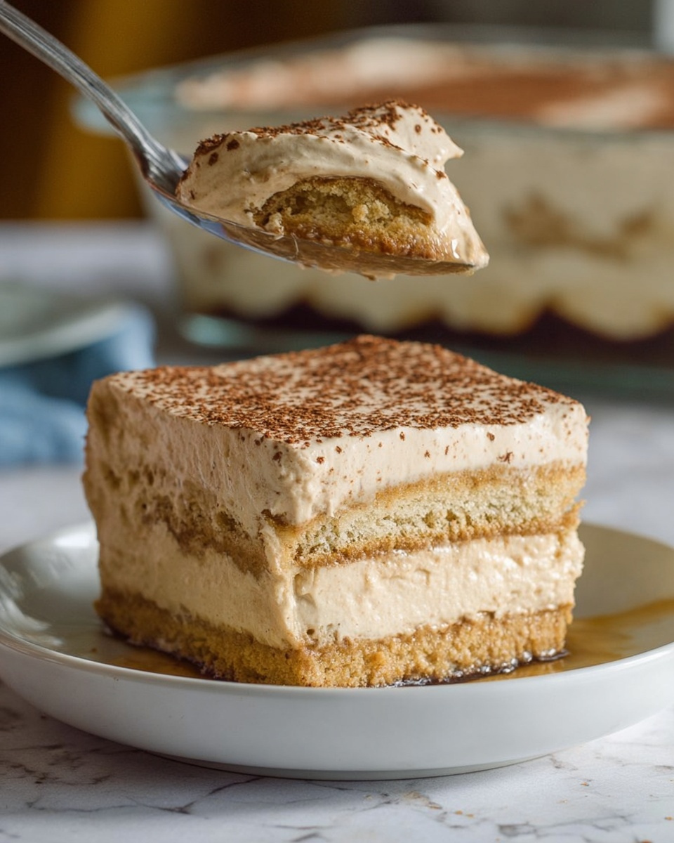 A square slice of layered dessert sits on a white plate with a white marbled surface. It has three main layers: the bottom and middle layers are golden brown with a slightly rough texture, looking like soft biscuit or cake soaked in a dark syrup, while the top layer is a thick, creamy beige foam topped with light brown sprinkles. Above the plate, a spoon held by a woman's hand lifts a portion of the dessert, showing the creamy and biscuit layers clearly. In the blurred background, a glass container holds the rest of the dessert. Photo taken with an iphone --ar 4:5 --v 7
