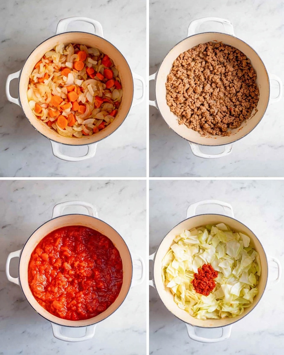The first image shows a white pot with cooked small orange and brown vegetables, mostly carrots and onions, sitting on a white marbled surface. The vegetables fill the bottom of the pot with a soft, mixed texture. In the second image, the same white pot contains four separated layers: bright red tomato sauce in the top left, light brown cooked ground meat in the top right, pale yellow fresh cabbage pieces in the bottom right, and a small dollop of a deeper red paste near the center. The pot is still on the same white marbled surface. photo taken with an iphone --ar 4:5 --v 7