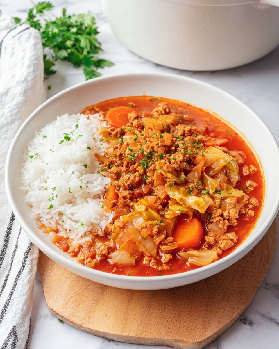 A white shallow bowl filled with two main layers: on the left side, a layer of fluffy white rice, and on the right side, a thick stew with a red-orange tomato base containing small chunks of orange carrots, light green cabbage pieces, and finely crumbled cooked ground meat sprinkled with small green herb bits on top. The bowl is placed on a light wooden board, with some green herbs in the background and a white pot partially visible behind it, all set on a white marbled surface with a white cloth with thin black stripes nearby. photo taken with an iphone --ar 4:5 --v 7