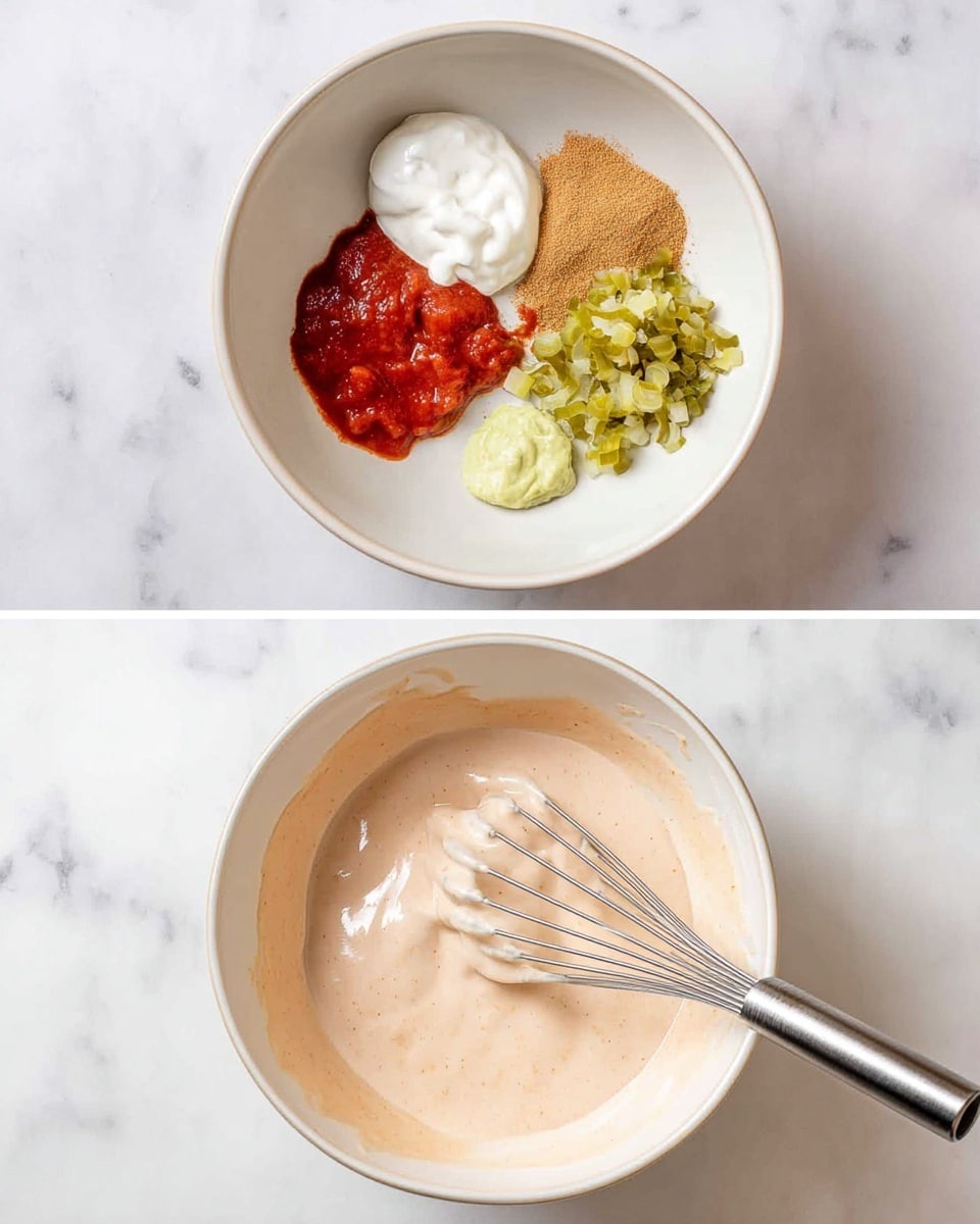 The image shows two stages of making a sauce in a white bowl placed on a white marbled surface. In the first stage, five separate ingredients sit in the bowl: a dollop of thick white yogurt or mayo, a bright red sauce, a small pile of light brown powder, a heap of finely chopped green pickles, and a small amount of pale yellow mustard on the side. In the second stage, the bowl contains a smooth, creamy sauce colored light pink-beige, with a metal whisk partially submerged, blending the ingredients together. Photo taken with an iphone --ar 4:5 --v 7