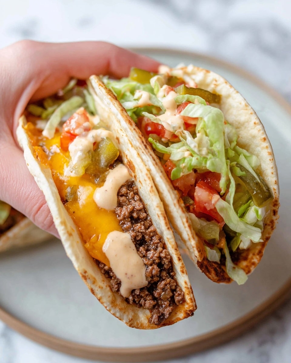 A close-up photo shows a woman’s hand holding a soft taco with two small white tortillas folded around it. Inside the taco, there is one brown, grilled ground beef patty with melted yellow cheese on top, green shredded lettuce, chunky red tomato pieces, slices of green pickles, and a creamy light beige sauce drizzled over everything. The taco is held above a simple white plate on a white marbled surface. photo taken with an iphone --ar 4:5 --v 7