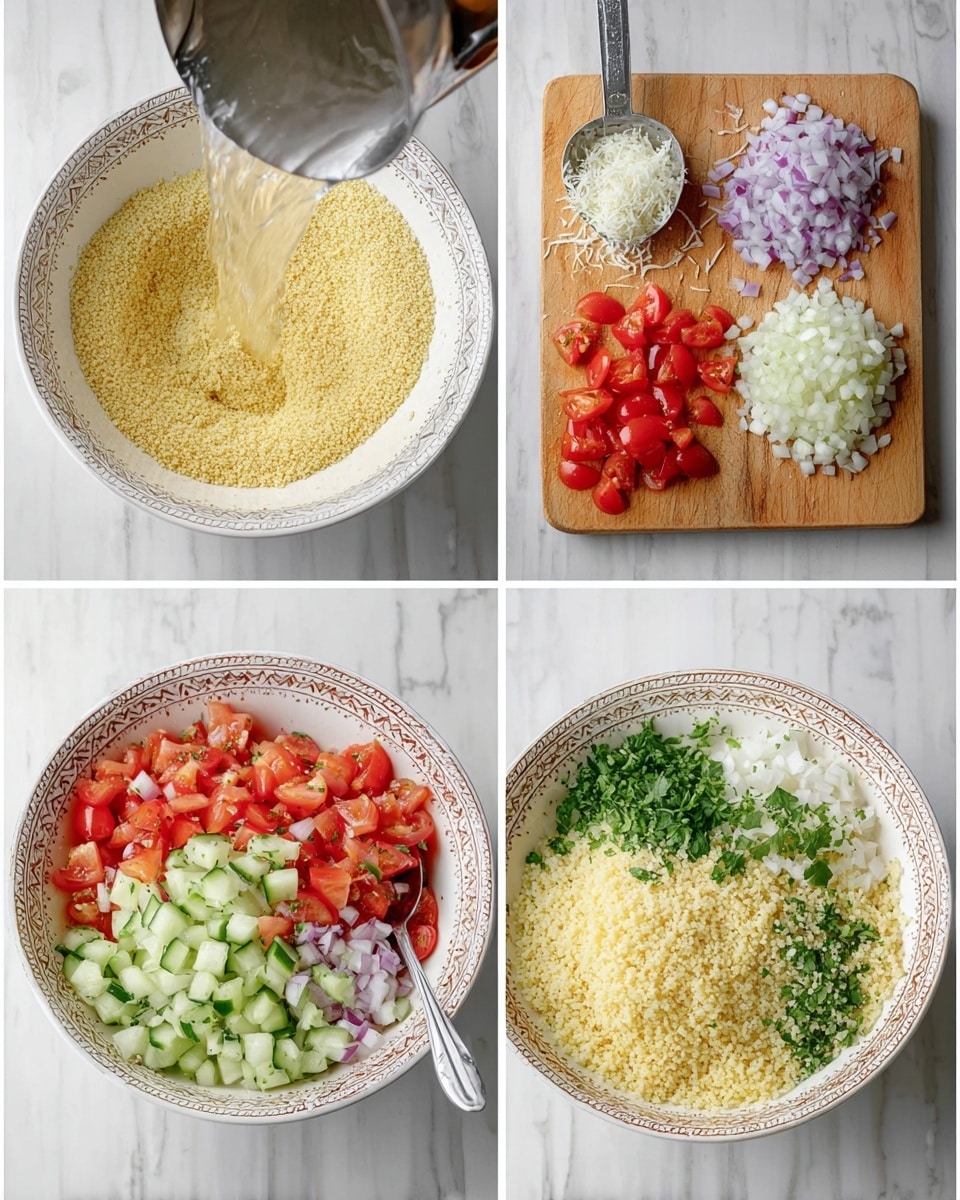 The first image shows a white patterned bowl filled with dry small yellow grains, with water being poured into it from a silver container. The second image displays a wooden cutting board with six piles of chopped ingredients: white crumbled cheese in a metal scoop on the top left, finely chopped red onion on the top right, chopped red tomatoes below the cheese, chopped green cucumber to the right of the tomatoes, and two piles of chopped green herbs at the bottom. The third image features the same white patterned bowl now filled with fluffy, cooked yellow grains, with a silver spoon inside. The fourth image presents a white bowl with layers of chopped red tomatoes, diced green cucumber, white crumbled cheese, finely chopped red onion, fluffy cooked yellow grains, and chopped green herbs all arranged separately inside the bowl on top of each other. The background in all images is a white marbled surface. Photo taken with an iphone --ar 4:5 --v 7