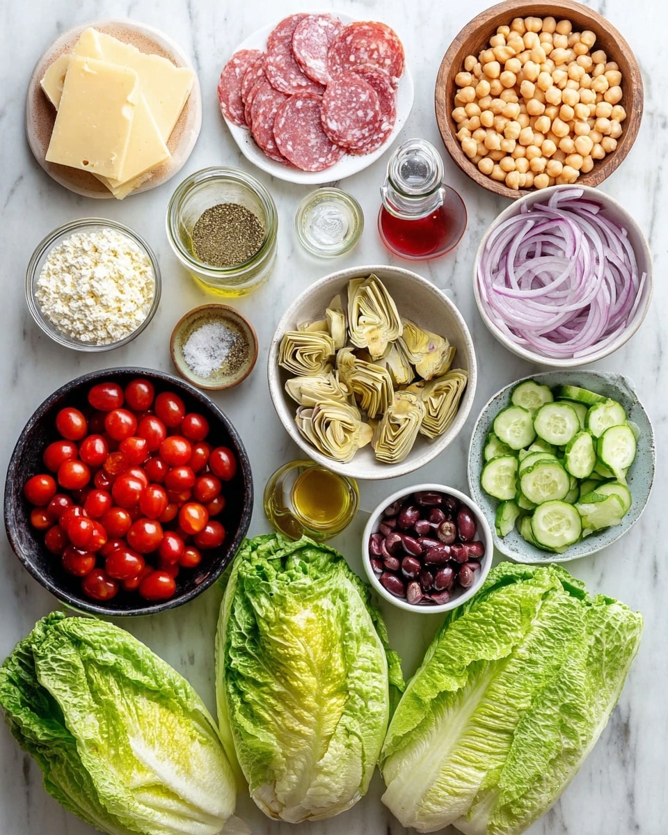 The image shows many ingredients for a salad arranged neatly on a white marbled surface. There are two large fresh green romaine lettuce heads placed in the bottom center and left. To the right of the lettuce, a white bowl is filled with artichoke hearts, and near it is a black bowl filled with light tan chickpeas. Above these, there is a round wooden bowl with thick, pale yellow cheese slices. Next to it is a small white dish with salt and pepper, and a glass jar of dried oregano. Above the oregano jar is a small red bowl with a single garlic clove. To the right, thin rings of purple onions rest on a white plate. Above that, a white bowl holds bright red halved cherry tomatoes. To the left of the tomatoes, a white bowl contains slices of marbled pink and white salami. Above the salami, a small glass jar of clear golden oil and a small glass cup of red vinegar are placed side by side. To the left, a small glass bowl holds yellowish pepperoncini rings, and beside it is a small dollop of pale yellow mustard on the white marbled surface. Near the lettuce on the left, a white bowl contains diced green cucumbers. On the top left, a dark round plate has a heap of finely grated parmesan cheese topped with a large wedge of parmesan. A honey dipper in a small glass honey jar completes the neat layout. Photo taken with an iphone --ar 4:5 --v 7