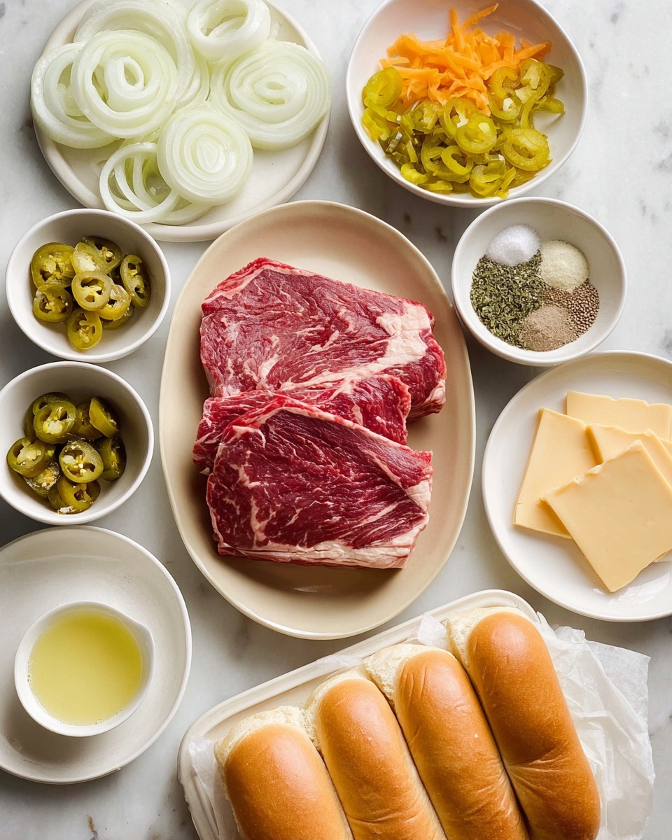 The image shows two thick pieces of raw red meat with white fat marbling on a light beige oval plate in the center. Around the plate are several white bowls and plates with sliced white onions in thin round layers, bright yellow banana peppers, pickled green jalapeños with orange carrot pieces, light yellow liquid in a small container, and a plate with four round slices of pale yellow cheese overlapping. There is also a small bowl with divided sections holding salt, dried green herbs, and light brown seasonings. Five long white sandwich rolls with golden brown tops are arranged around the center plate. The background is a white marbled surface. photo taken with an iphone --ar 4:5 --v 7