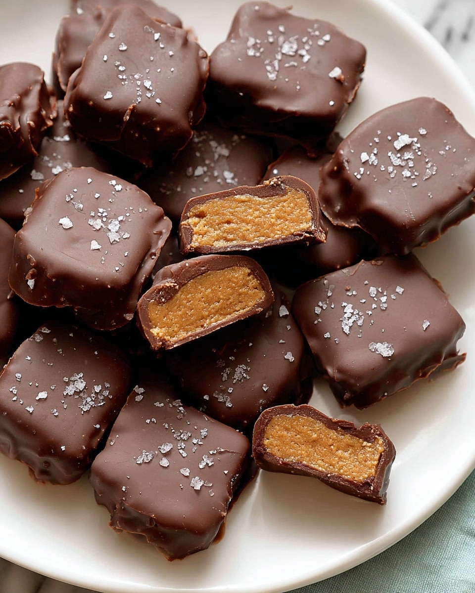 There is a white round plate filled with many small square chocolates. Each chocolate has a smooth, shiny dark brown outer layer with a light sprinkle of coarse salt on top. Some chocolates are whole, and some are cut in half, showing two layers inside: a thick, soft brown filling in the middle and a thin chocolate shell outside. The plate is placed on a white marbled surface with a few dates scattered around it. A glass bowl of melted chocolate is visible in the background. Photo taken with an iphone --ar 4:5 --v 7