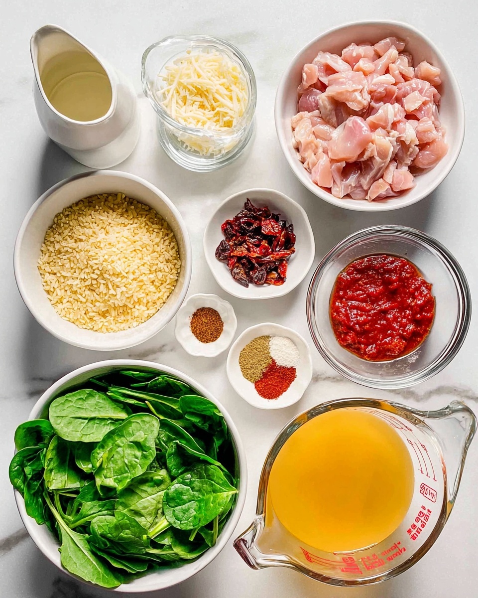The image shows several white bowls and a clear glass measuring cup on a white marbled surface, each filled with different ingredients. There is a large bowl of fresh green spinach leaves, a bowl with small, pale yellow rice pieces, and a bowl with raw pink chicken pieces. Another smaller bowl holds chopped dark red sun-dried tomatoes, while another contains light-colored grated cheese. There is a small white bowl with three piles of spices in red, brown, and pale yellow, and another small bowl with bright red tomato paste. A clear bowl contains a golden liquid, likely oil, and a clear glass measuring cup is filled with a yellowish broth. A small white pitcher contains a creamy white sauce. Everything is arranged evenly and brightly lit. Photo taken with an iphone --ar 4:5 --v 7
