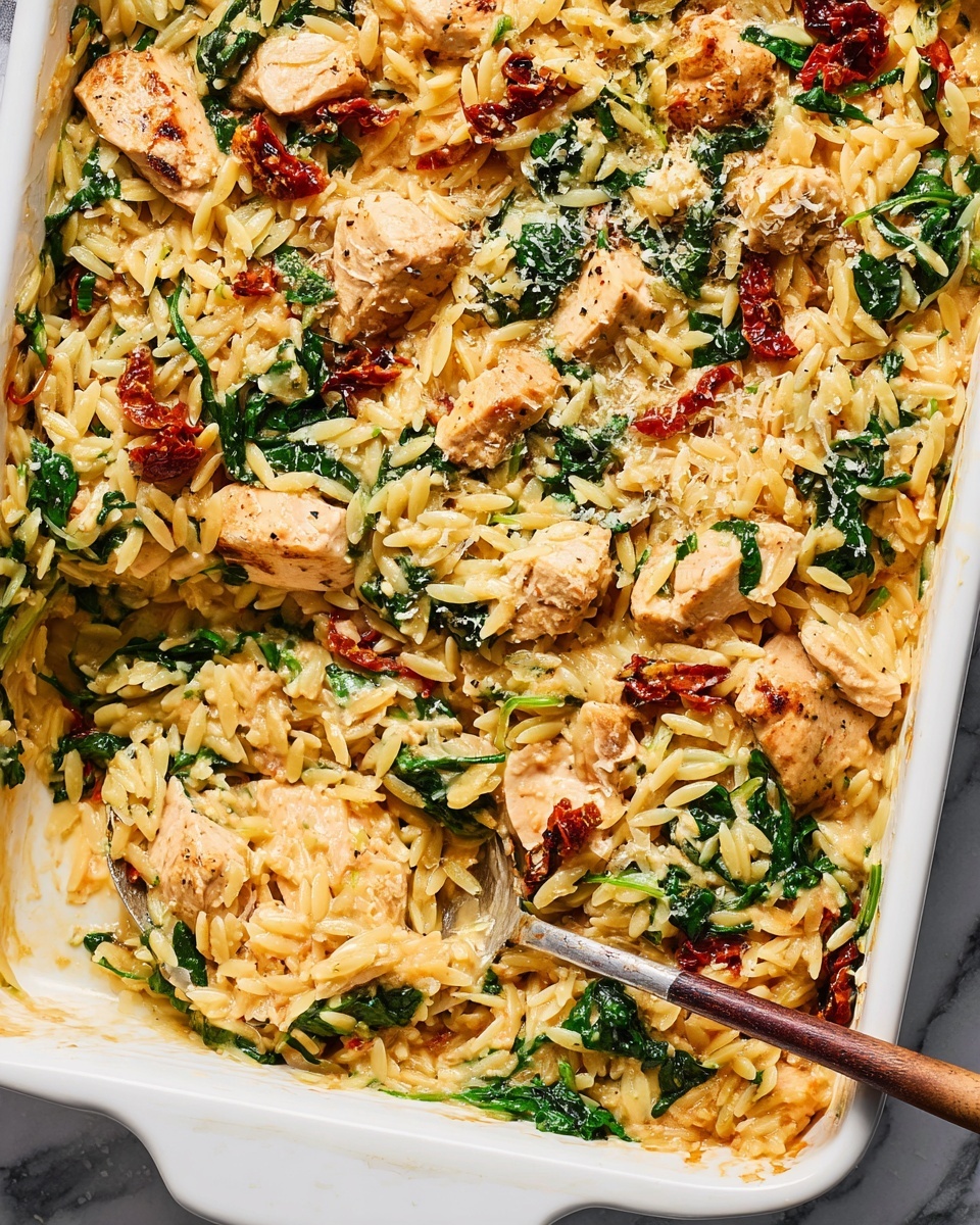 The image shows a white rectangular baked dish filled with creamy orzo pasta mixed with chunks of cooked chicken, bright green spinach leaves, and pieces of sun-dried tomatoes. The top layer is lightly sprinkled with grated cheese or breadcrumbs for texture, and the sauce has a light golden color that coats everything. A large spoon with a wooden handle rests inside the dish, scooping out some of the orzo and greens, revealing the white marbled surface underneath. The dish looks warm and full of different colors and textures, with the spinach and tomatoes adding pops of green and red to the creamy pasta base photo taken with an iphone --ar 4:5 --v 7