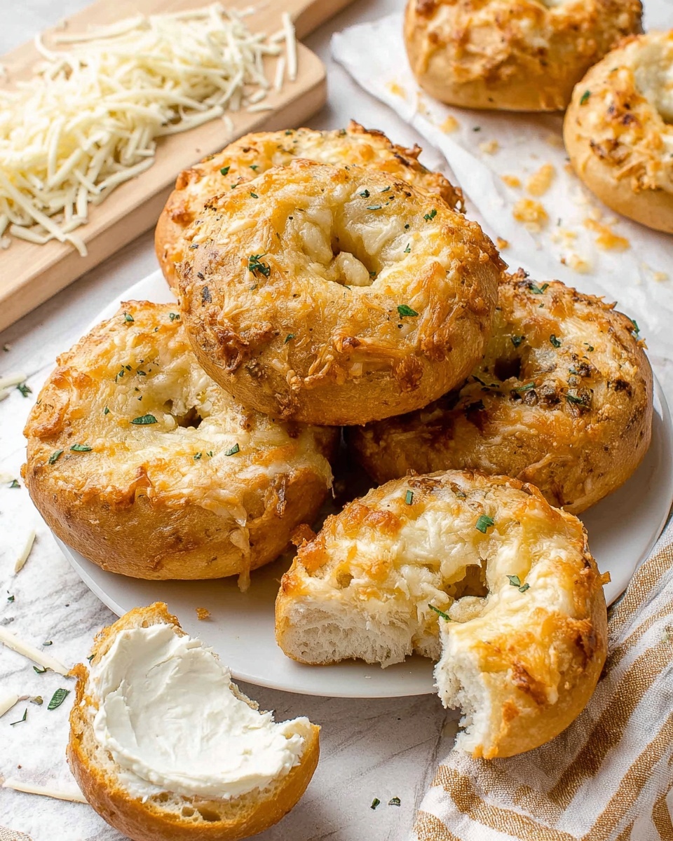 Seven golden brown bagels with a cheesy crust are arranged on a white parchment paper and a woven beige mat on a white marbled surface. One bagel is split open showing a soft inside with some white spread, and a woman's hand is holding a piece near it. A small pile of shredded cheese sits on a light wood cutting board near two whole bagels, with some cheese spills around. There are a few garlic cloves and small green herb pieces scattered around the bagels. A white towel with yellow stripes is folded next to a pepper shaker on the top left. The scene is bright and cozy. photo taken with an iphone --ar 4:5 --v 7