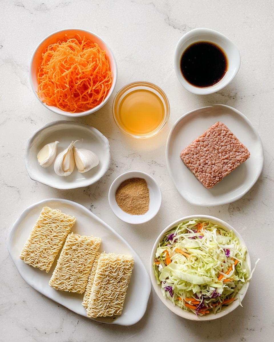 The image shows seven small bowls and plates arranged on a white marbled surface. Starting from the top left, there is a white bowl filled with bright orange shredded carrots, and next to it on the right, a small white bowl with a dark sauce. Below these, a clear glass bowl with light orange liquid sits on the left, a small white dish with a brown powder in the middle, and a white wrapper with a square piece of raw ground meat on the right. Near the bottom left, a small white bowl holds two whole garlic cloves, and beside it, a white oval plate contains two rectangular blocks of uncooked instant noodles with a pale yellow color. At the bottom right, a white bowl is filled with shredded cabbage mixed with light green, orange, and purple vegetable pieces. Photo taken with an iphone --ar 4:5 --v 7