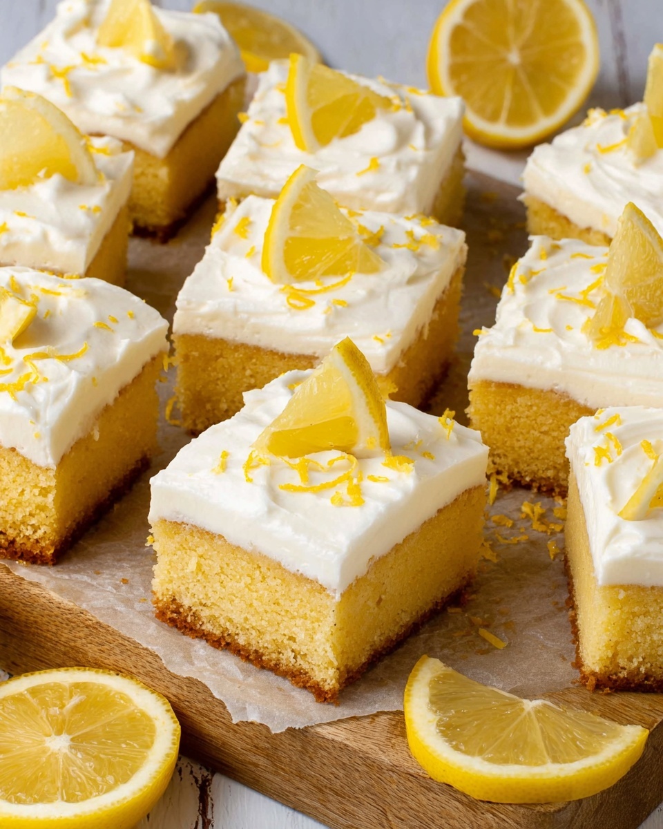 The image shows multiple square lemon cake pieces arranged closely on a wooden board covered with parchment paper, placed on a white marbled surface. Each cake piece has two layers: a thick, light yellow cake base with a moist texture and a thick upper layer of smooth white frosting. On top of the frosting, there is a small triangular slice of lemon and some grated lemon zest scattered around. Fresh lemon halves and wedge slices are placed around the cakes, adding a bright yellow color contrast. The photo is taken with an iphone --ar 4:5 --v 7