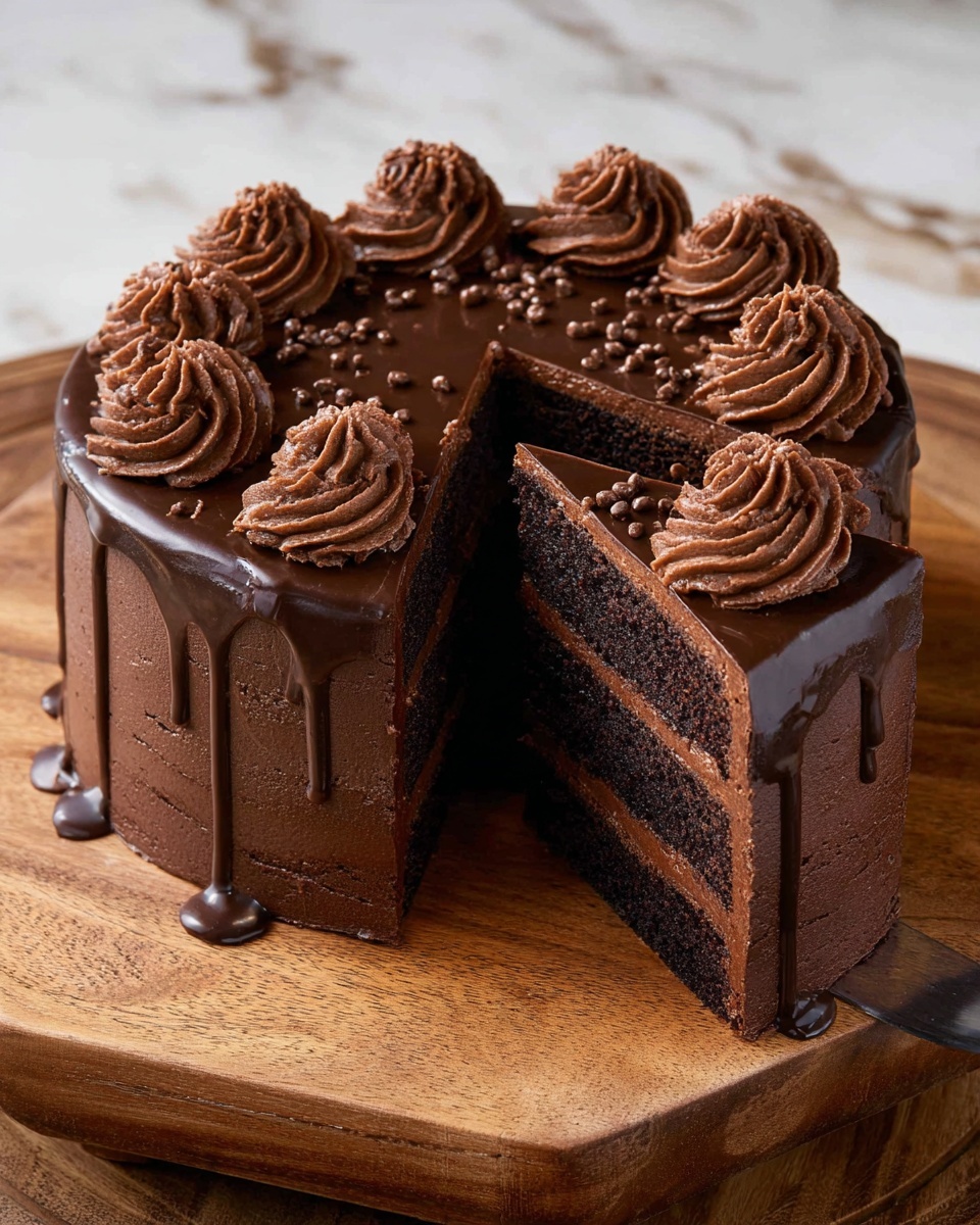 A three-layer chocolate cake sits on a wooden board, covered in smooth dark chocolate frosting. Each cake layer is separated by a thin layer of the same chocolate frosting, visible in the cut slice. On top, eight swirled dollops of chocolate frosting are evenly spaced around the edge, with small chocolate sprinkles scattered in the center. The frosting on the sides drips down slightly, giving a fresh, rich look. The whole scene is on a white marbled surface. Photo taken with an iphone --ar 4:5 --v 7