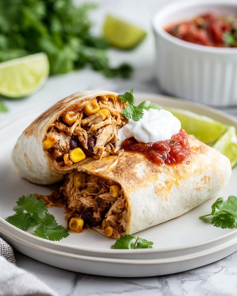 A white plate holds a burrito cut in half, showing three layers inside: shredded chicken in light brown color, brown beans, and yellow corn mixed together. The burrito wrap is slightly toasted with a golden brown surface. On top of the burrito, there is a dollop of white sour cream and bright red chunky salsa. Green cilantro leaves decorate the plate around the burrito. The background is a white marbled surface with blurred green herbs and a white bowl with more salsa. A few lime wedges with green skin and light yellow-green inside sit nearby. photo taken with an iphone --ar 4:5 --v 7